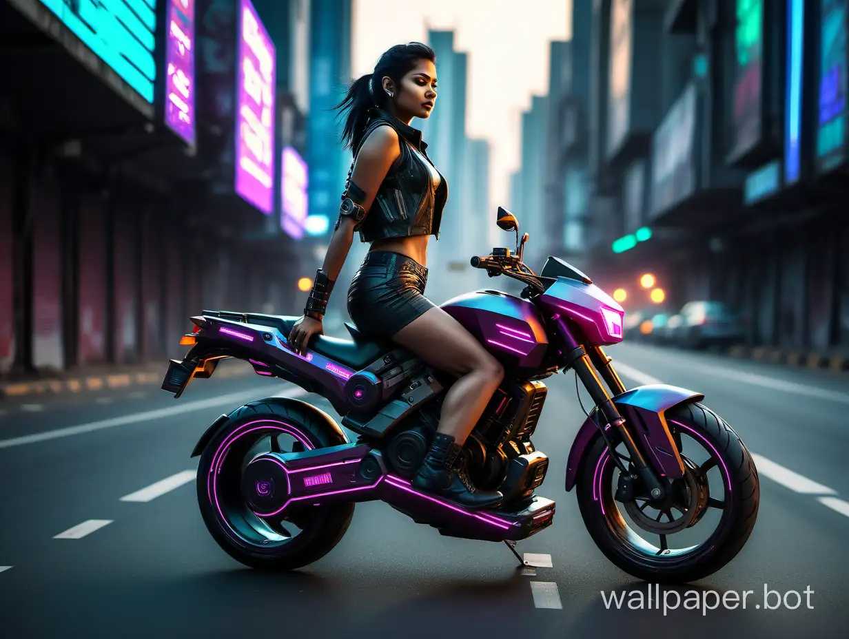 Glowing body 28 years old Indian Female riding cyberpunk bike on road of Cyberpunk City side angle view