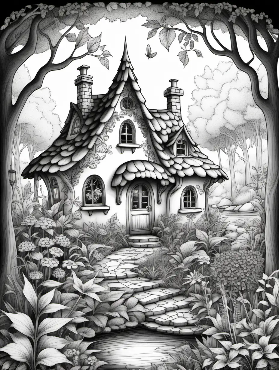 Create an intricate and enchanting line drawing of a storybook cottage nestled in a whimsical forest setting. The cottage should have charming details such as a thatched roof, climbing vines, and colorful flowers adorning the windowsills. Surrounding the cottage, depict towering trees with twisting branches, a babbling brook, and soft patches of wildflowers. The scene should evoke a sense of tranquility and whimsy, inviting viewers to escape into a fairy tale world as they color. black and white