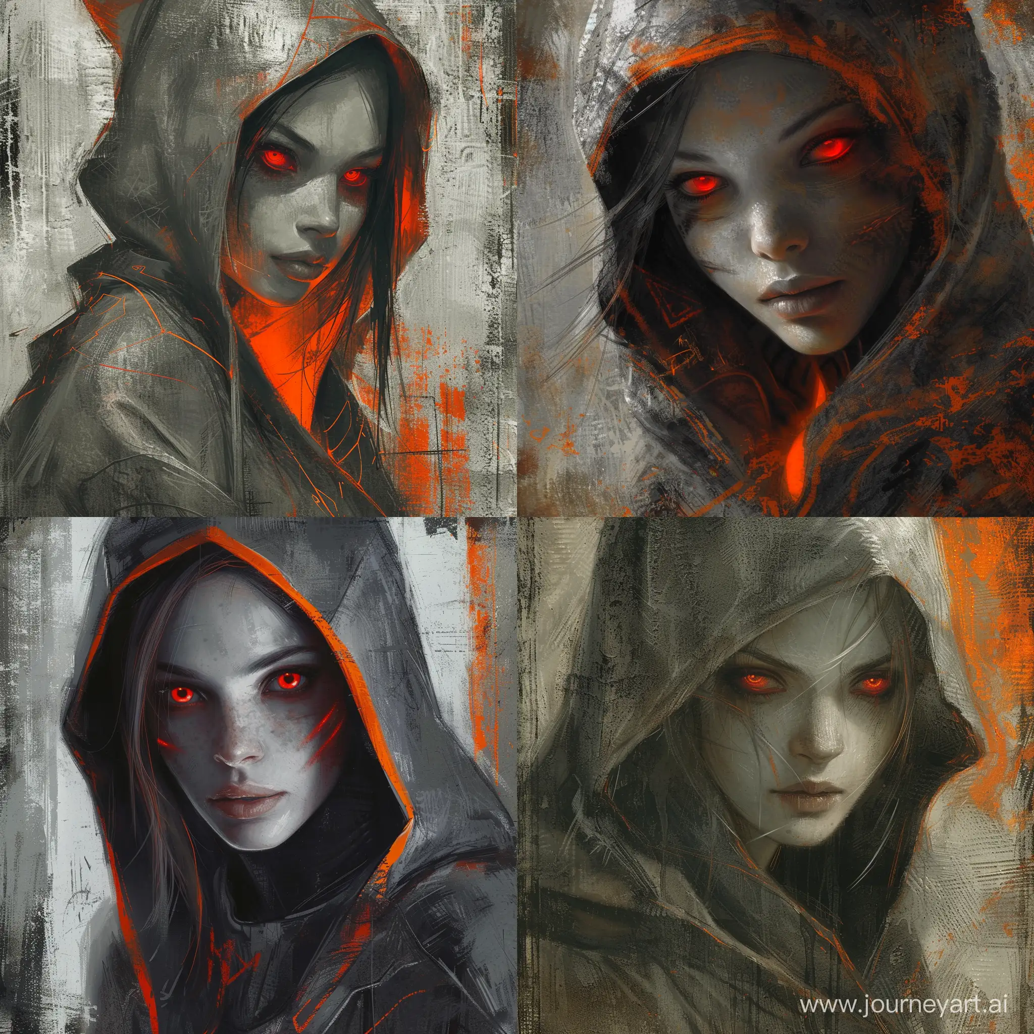 a woman with red eyes in a hood, in the style of detailed penciling, raphael lacoste, dark silver and orange, marc silvestri, ingrid baars, sketches, emotionally charged portraits  stylize 750 