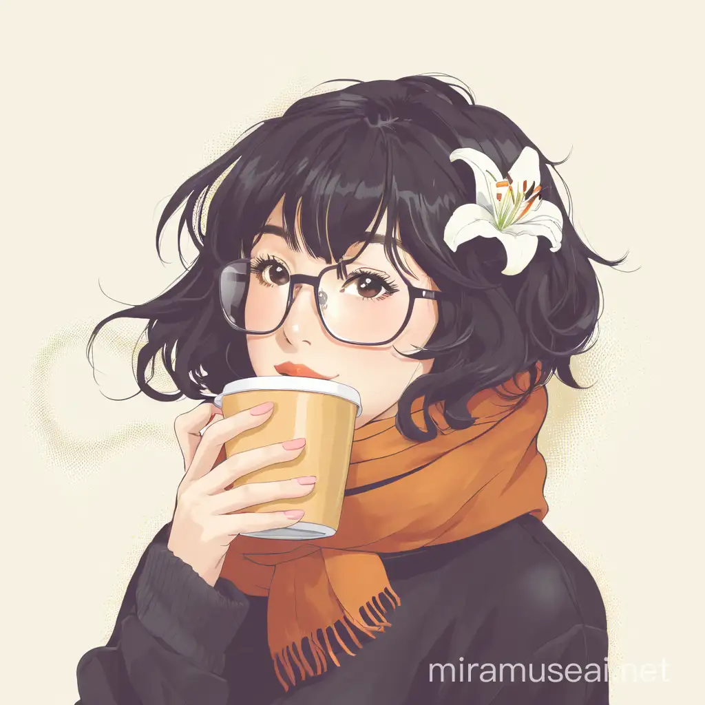 Stylish Girl Sipping Coffee with Lily Adornment in Black Background