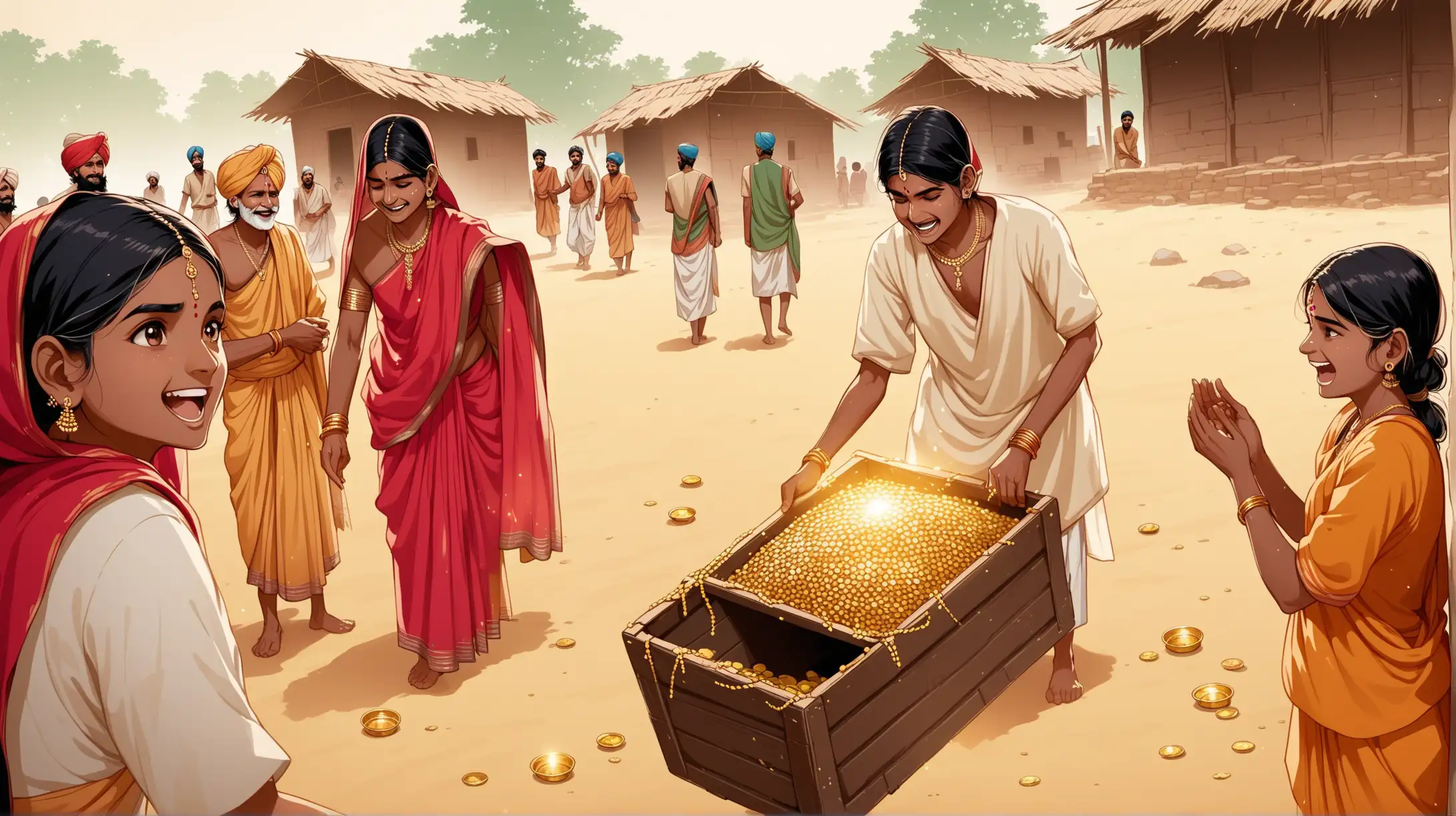 happy poor indian people getting helped with treasure