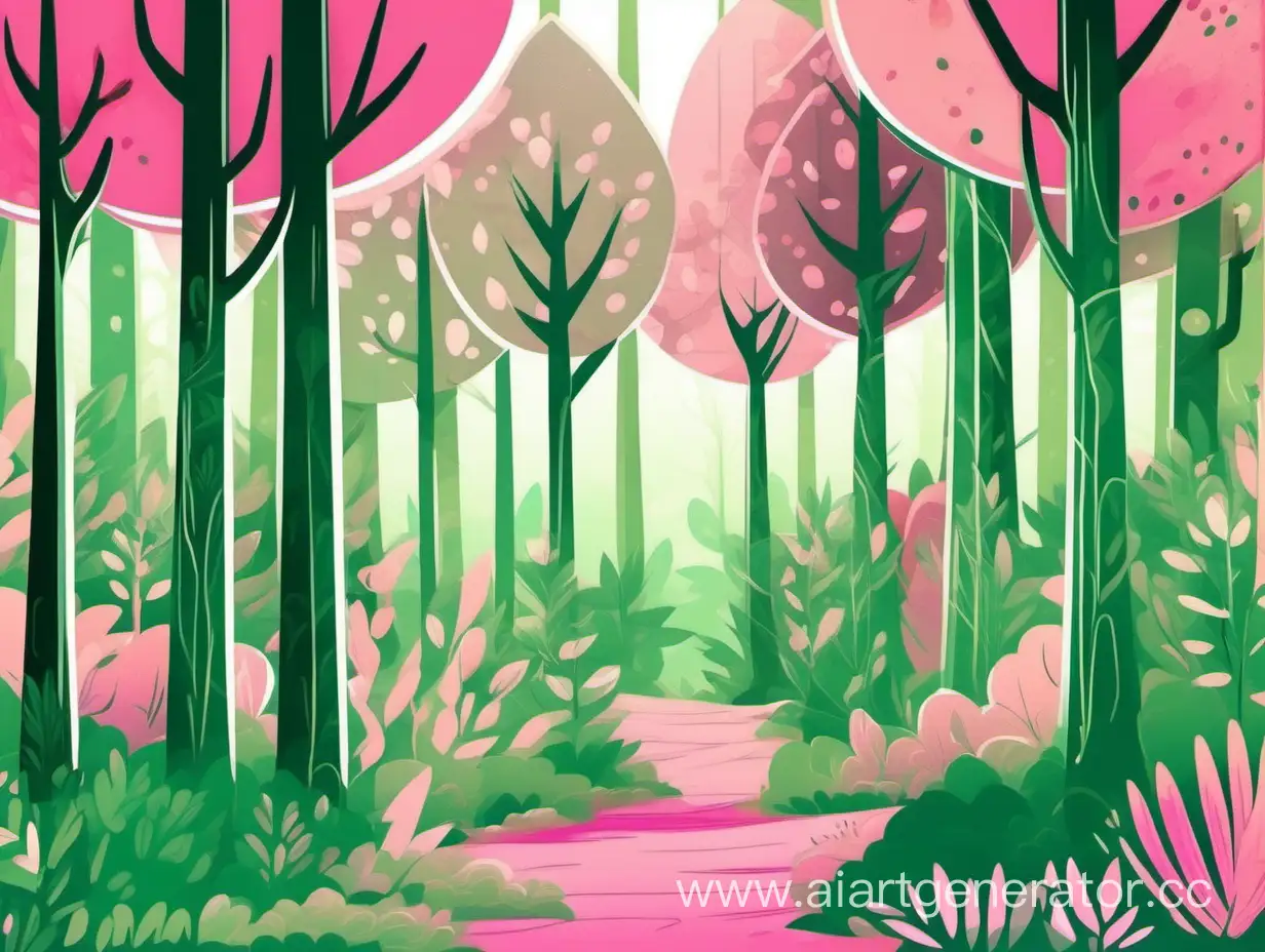лес в зелено розовый тонах мило мультяшно