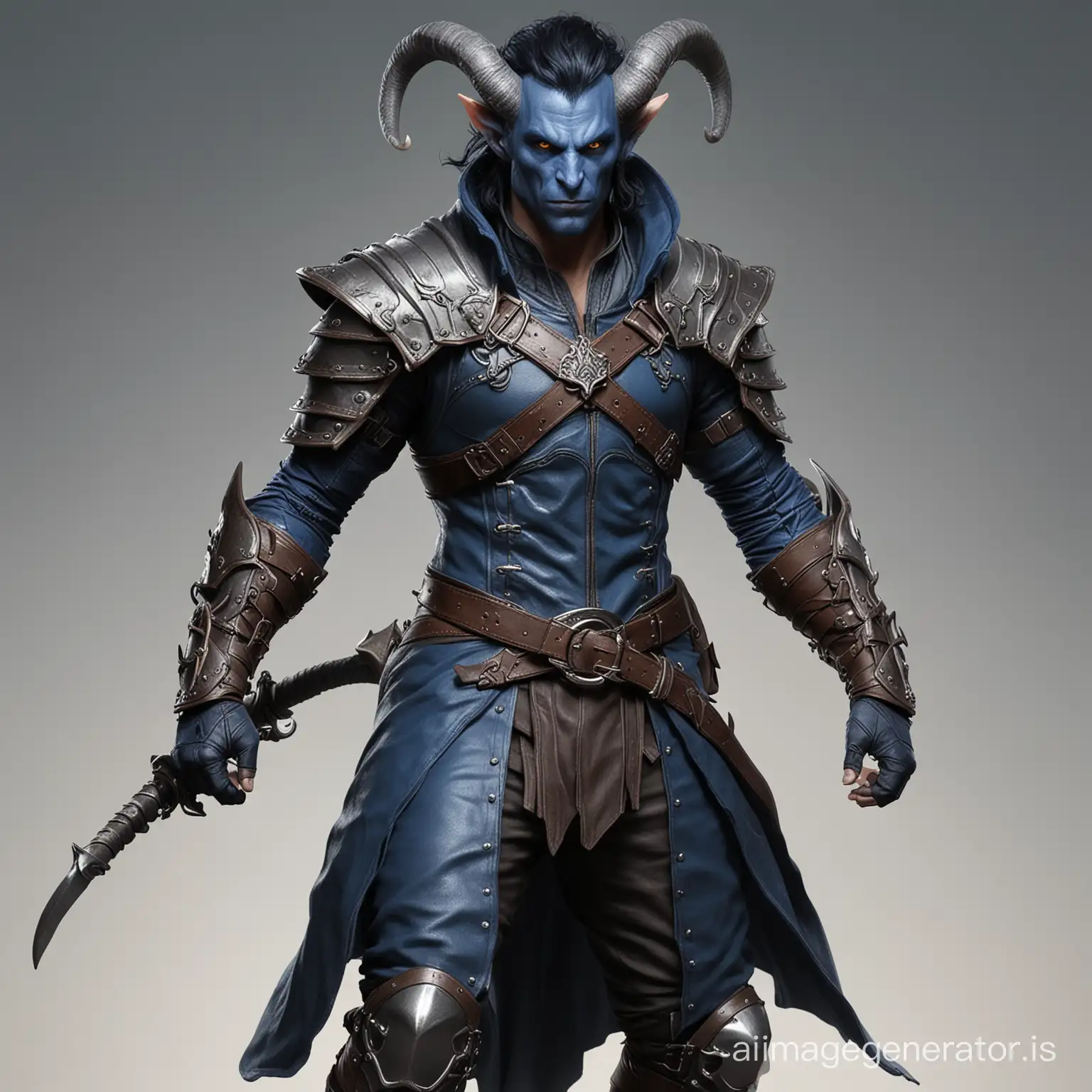 Male Tiefling thief, Strong, amber eyes, blue  Skin, leather Armor.
