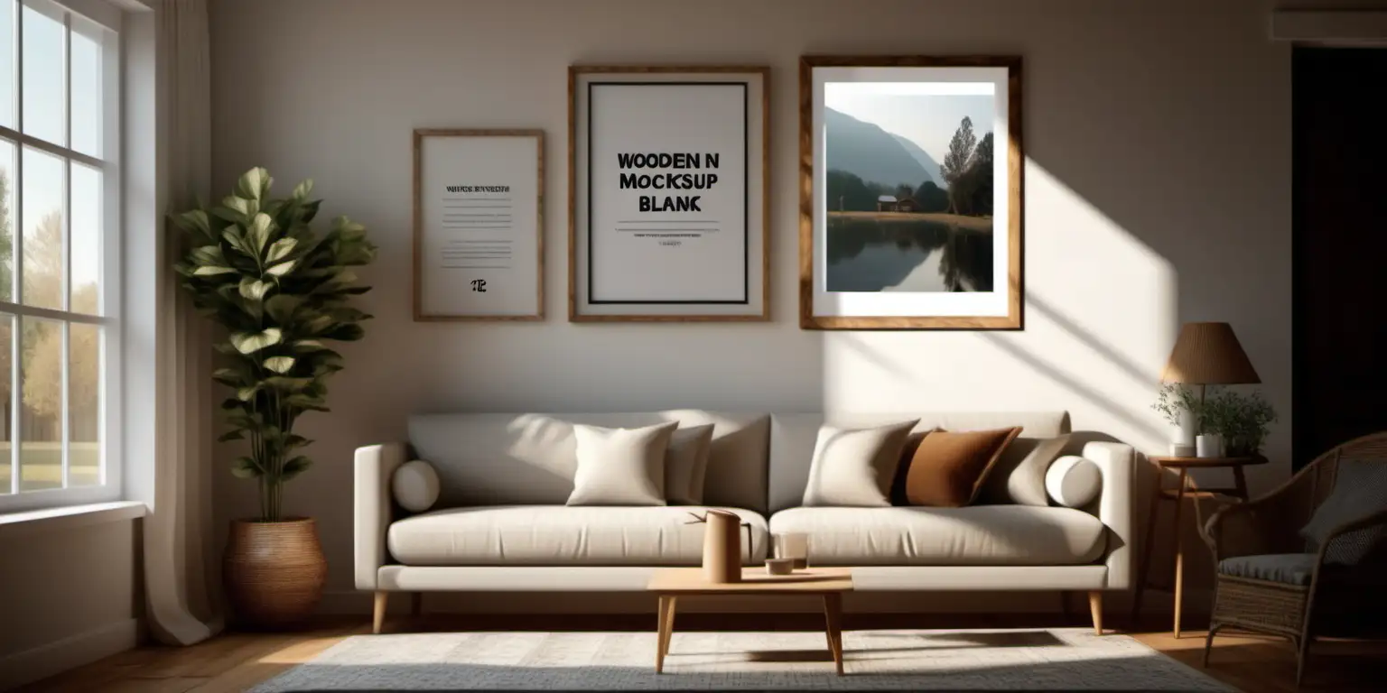Cozy Farmhouse Style Living Room with Wooden Poster Mockup