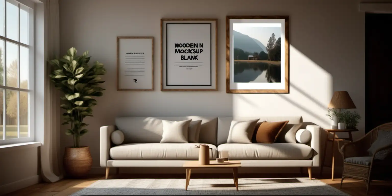 wooden poster white blank frame mockup, reflection, shadow overlay, cozy living room, farmhouse stlyle, warm room, 4K, exclude random objects,