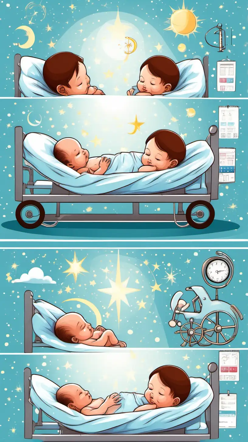 add celestial and astrological elements, Show two newborn babies in a hospital room with parents, , baby blue