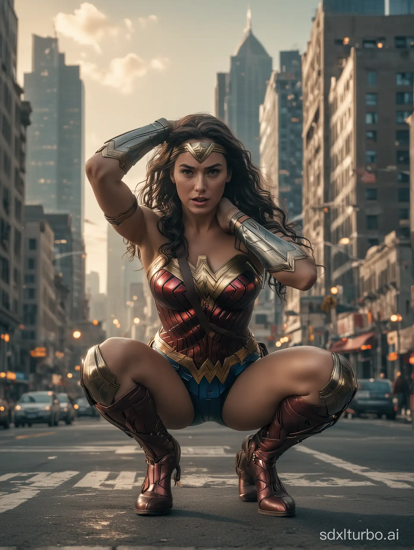 Wonder Woman squatting in front of the camera, grabbing her hair, looking up to the camera, city background, cinematic shot + dynamic composition, incredibly detailed, sharpen, details + intricate detail + professional lighting, film lighting + 35mm + anamorphic + lightroom + cinematography + bokeh + lens flare + film grain + HDR10 + 8K + Roger Deakins