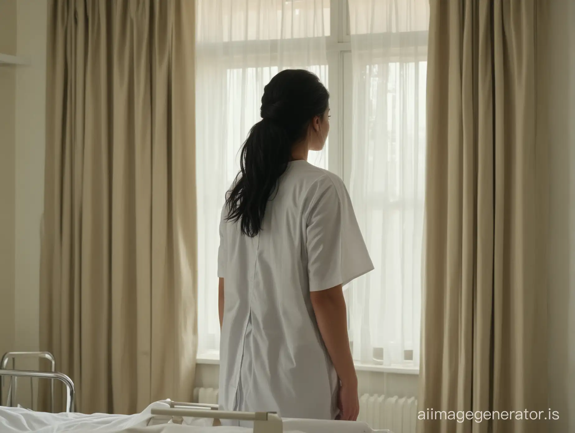 Hospital ward. The shot focuses on the Nurse - she stands with her back to the audience, near the window, - and opens the curtains of the hospital window. Description of the nurse: a 21-year-old girl, with long black hair styled in a bun, wearing a medical gown.