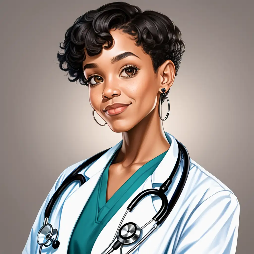A light skin black doctor with short dark hairstyle wearing earrings and a stethoscope