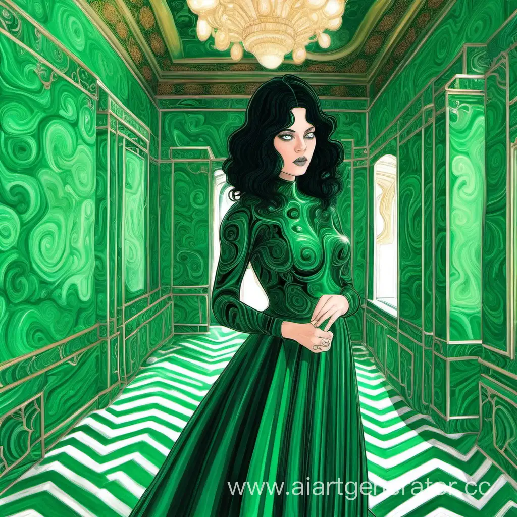 Elegant-BlackHaired-Girl-in-Malachite-Dress-in-Enchanting-Room