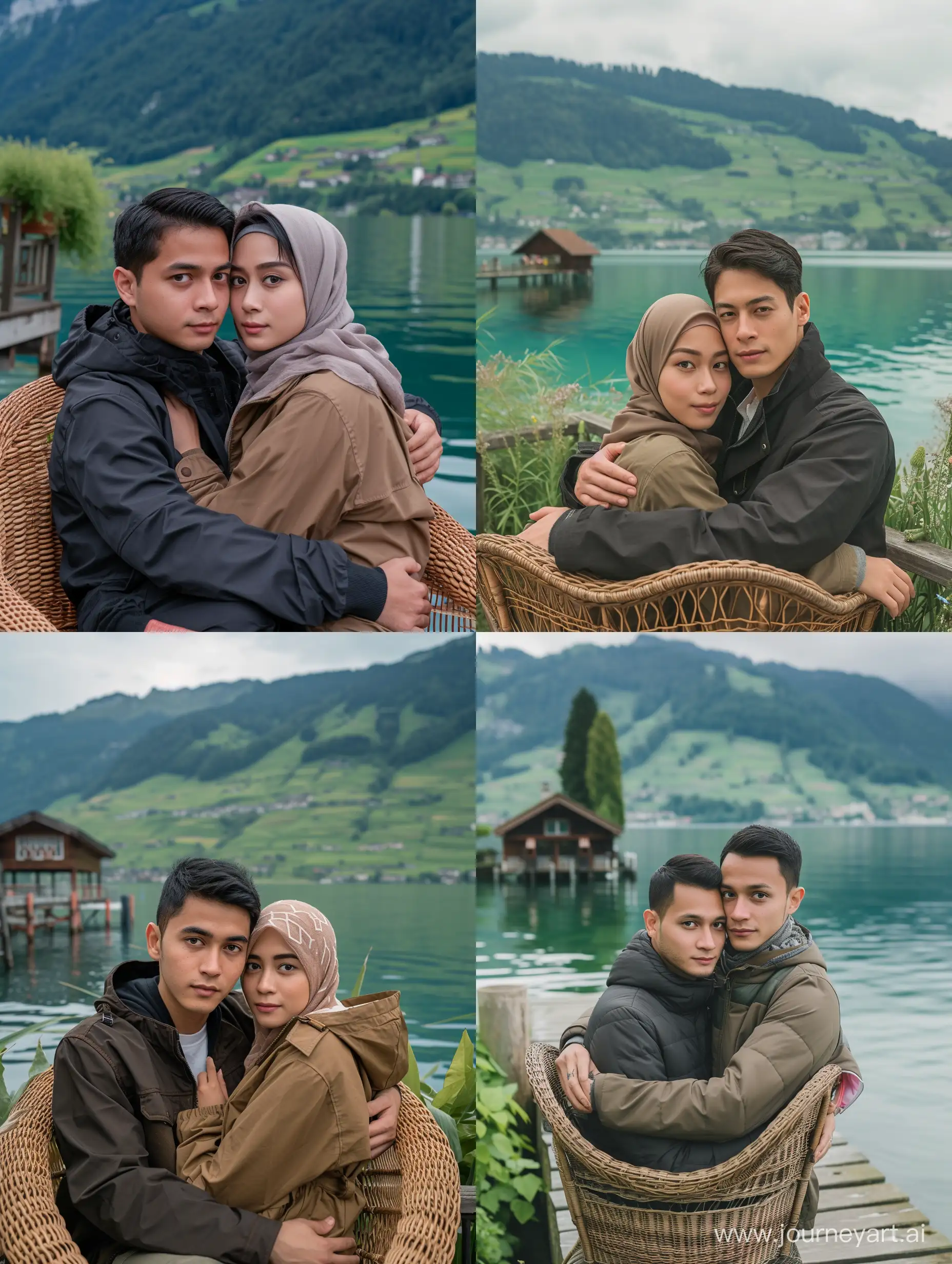 A pair of men with short black hair. Indonesian Javanese hijab woman (25 years old, long and clean face, thin body, brown skin, cool and beautiful jacket, in Switzerland, behind there are hills and lakes. Photo facing forward embracing each other, faces look clear and detailed, sitting on on a beautiful wicker chair, a calm lakeside with a beautiful backdrop of Swiss mountains and a building that looks rather small, they seem to be enjoying the beautiful view with the clear lake water and the green hills of the Swiss mountains. The wooden pier where they are standing is there, photography poses, there are lush and lush plants, providing a beautiful view of the location, whether sitting in a beautiful chair, minimal lighting, ultra hd, full body, original photo, very detailed, photography, very sharp, 18mm lens, realistic, photography, Leica camera