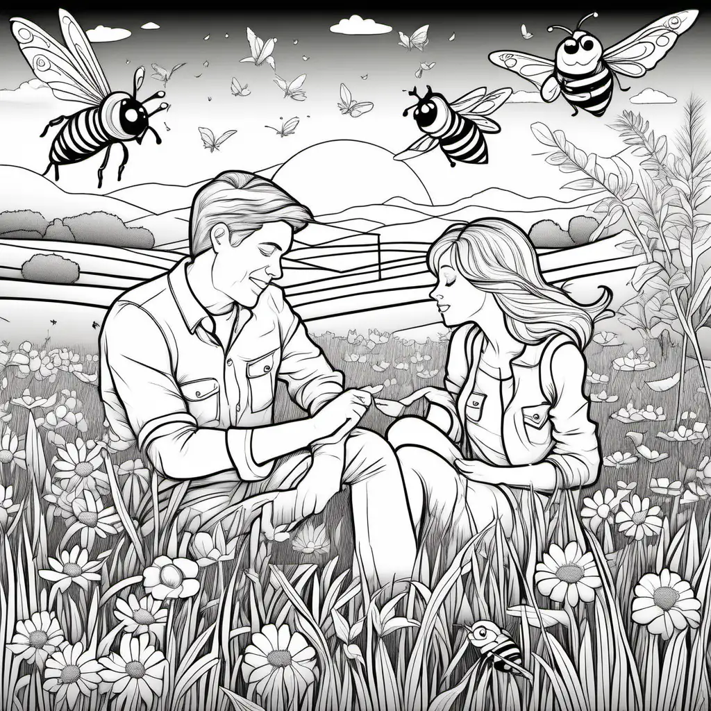 black and white,for coloring page, a couple on a grass field with few flowers and bees and birds in the sunset

