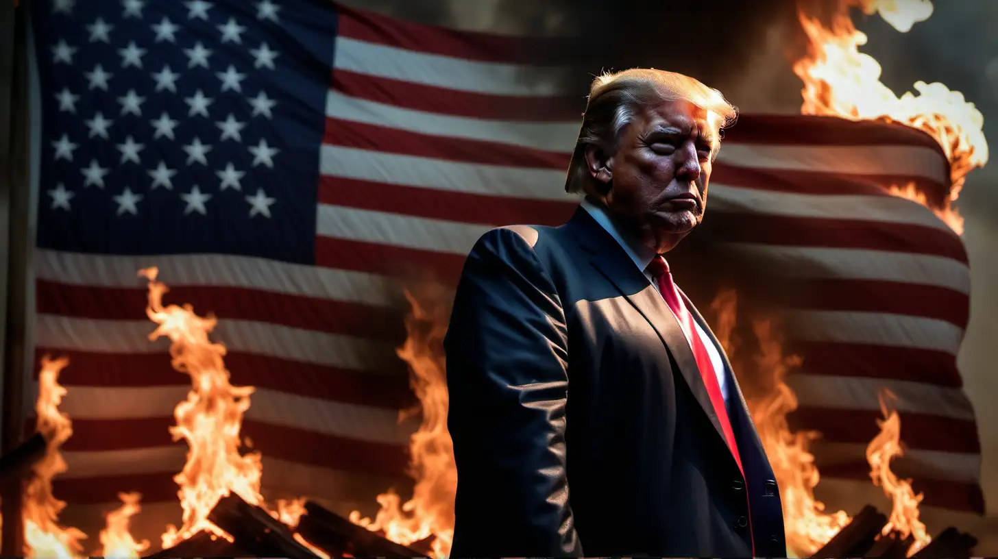 Donald Trump standing in front of a burning American flag, Trump is angry, dark, ominous, photo real, ultra 8k resolution