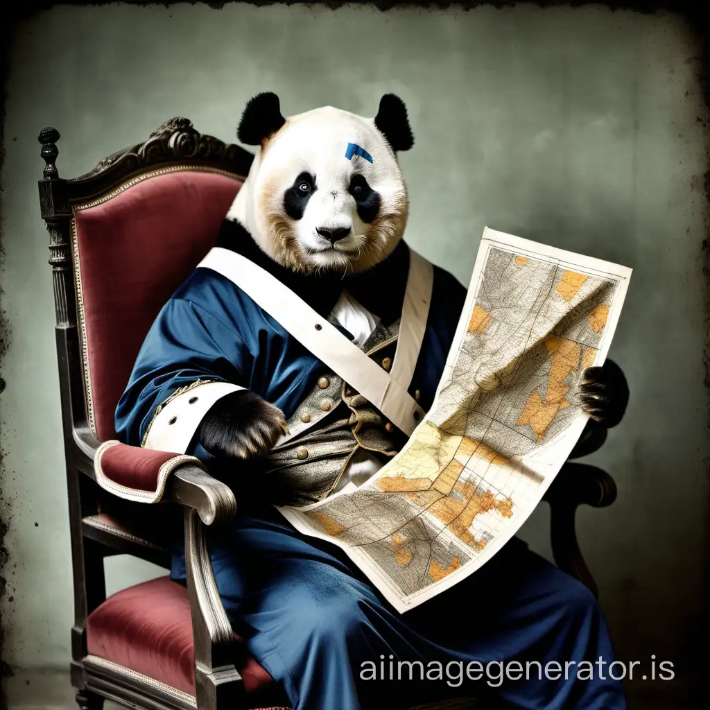 cracked old photo of a panda in the attire of Napoleon I sitting in an armchair and holding a staff map