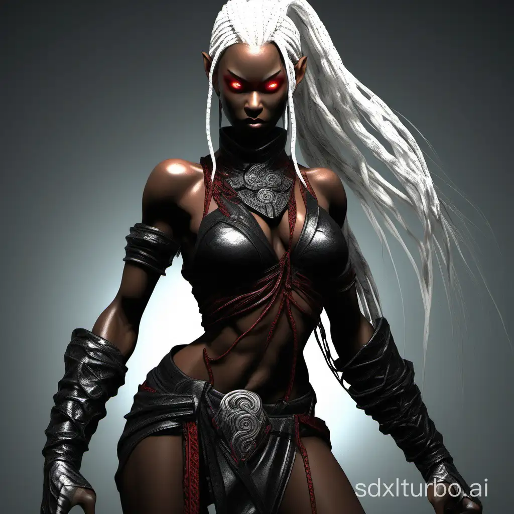 [abstract drow:Traci Bingham:Alizee] monk:rogue, fighting stance, in a Drow temple, red eyes and lips:4, muscular and fit:4, shiny dark obsidian skin:3, long white box braids:3, web bikini, barely any clothing:6,
two thirds body, fantasy art, darkness, hyperdetailed, ultra-realistic, textured skin, fractal, render, 16k, style of Rogue, style of Drow, style of D&D,