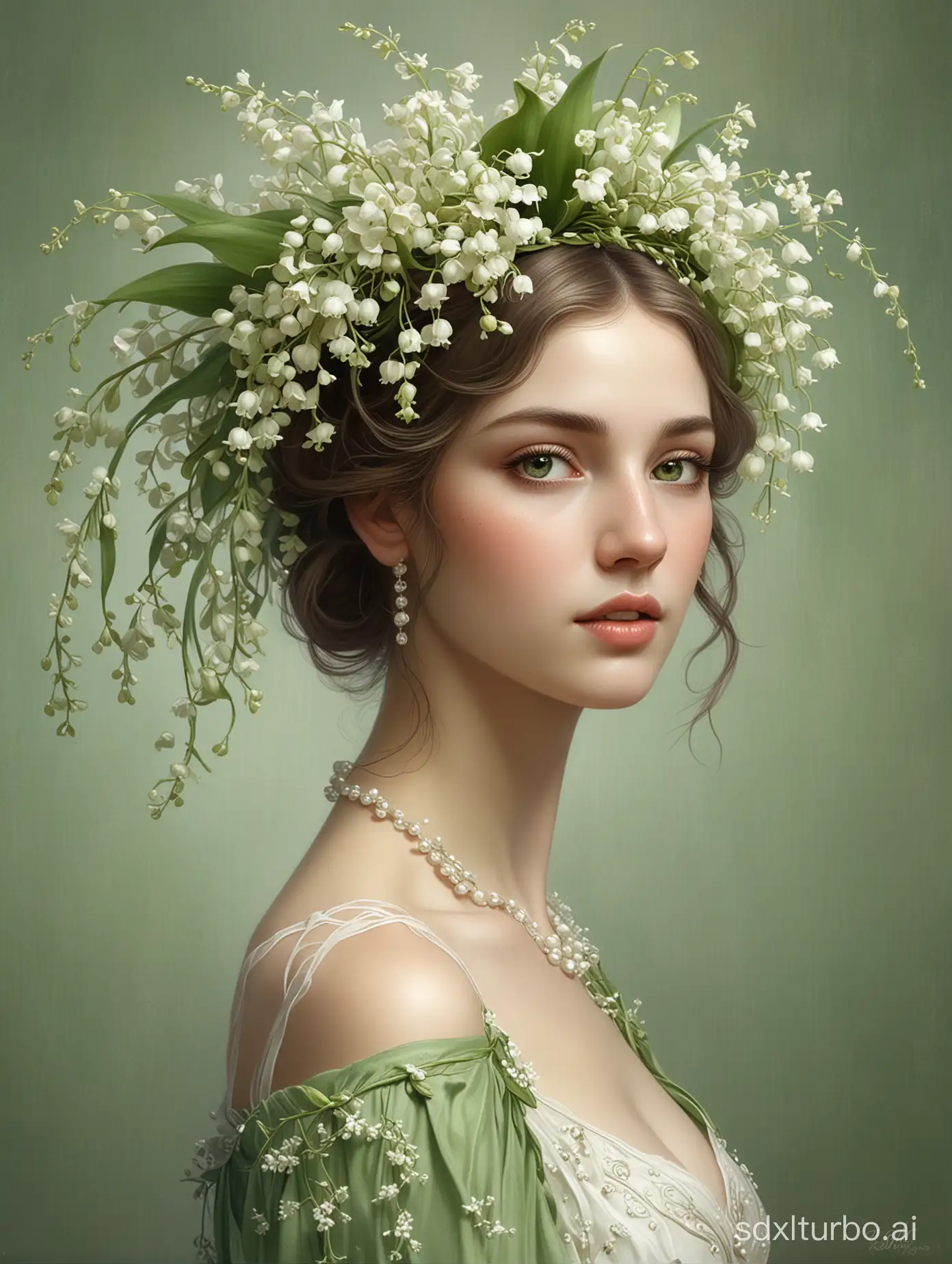 a painting of a woman with lily of the valley on her head, by Margaret Brundage, tumblr, art nouveau, ethereal!!! ultra realistic, beautiful detail and color, elegant digital painting, an elegant green, covered with flowers, loli, lilies, decorated with flowers, an ethereal, made of flowers and berries, pale