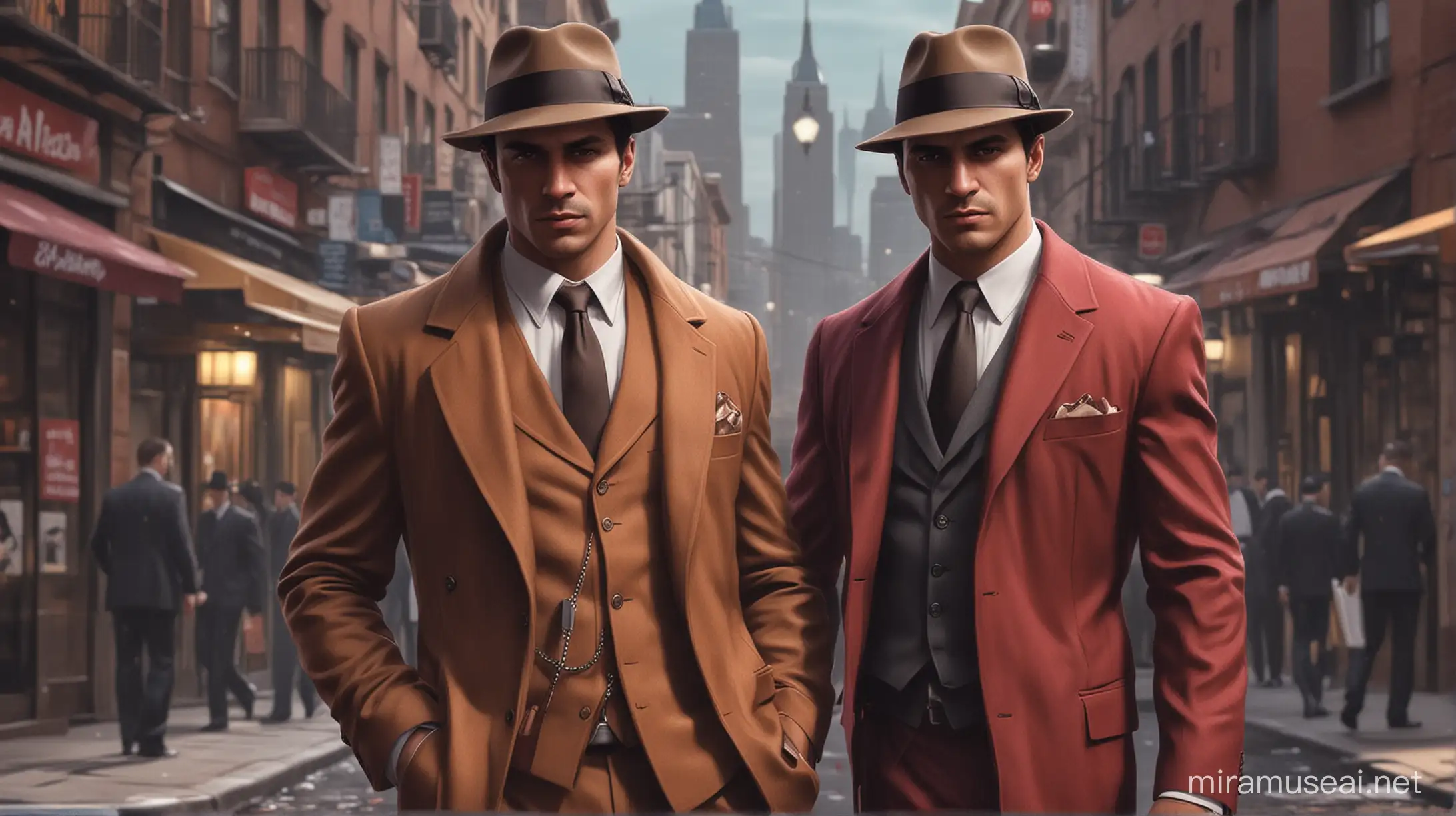 "Hi, I'd like you to draw me a picture related to a mafia game scenario. If possible, can you show a picture of a male investigator in a colored suit without a hat and holding a card with the name of the investigator walking around the area? Create a bright and attractive mafia city for me? This image will be very valuable to me. Thank you."