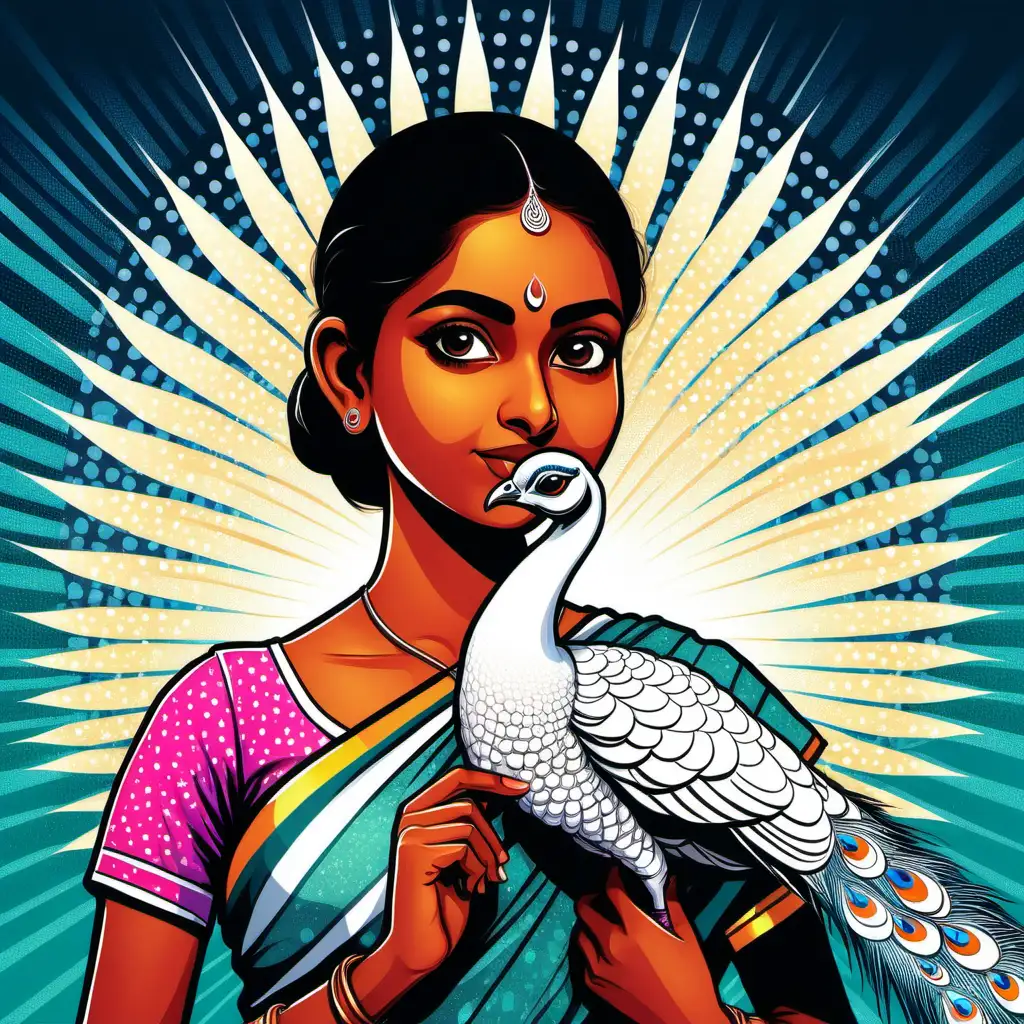 Vibrant Kerala Girl with White Peacock in Pop Art Illustration