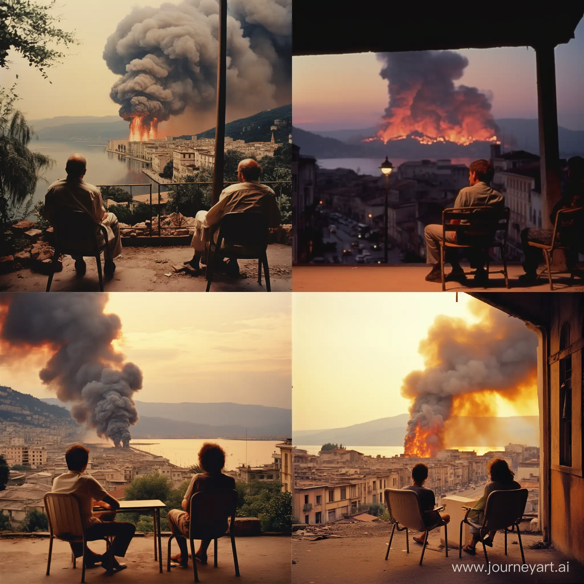 The city of Rijeka in Croatia during the 1980s, there is a war happening in the background while two men are sitting on chairs outside a coffee shop and watching it happen. The Rijeka Clock tower is seen in the distance burning down