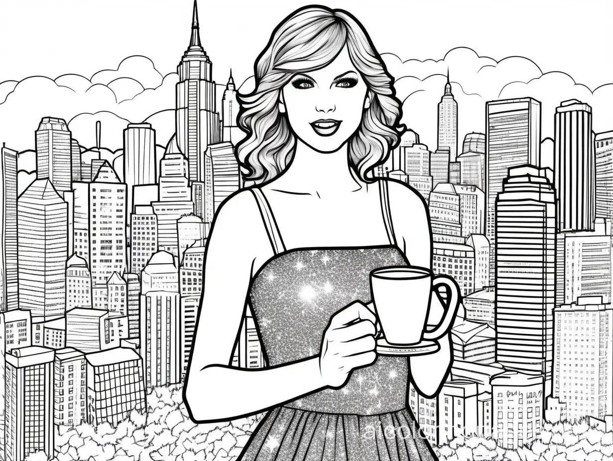 a smiling taylor swift in a sparkly dress while holding a coffee mug in front of a cityscape backdrop, Coloring Page, black and white, line art, white background, Simplicity, Ample White Space. The background of the coloring page is plain white to make it easy for young children to color within the lines. The outlines of all the subjects are easy to distinguish, making it simple for kids to color without too much difficulty