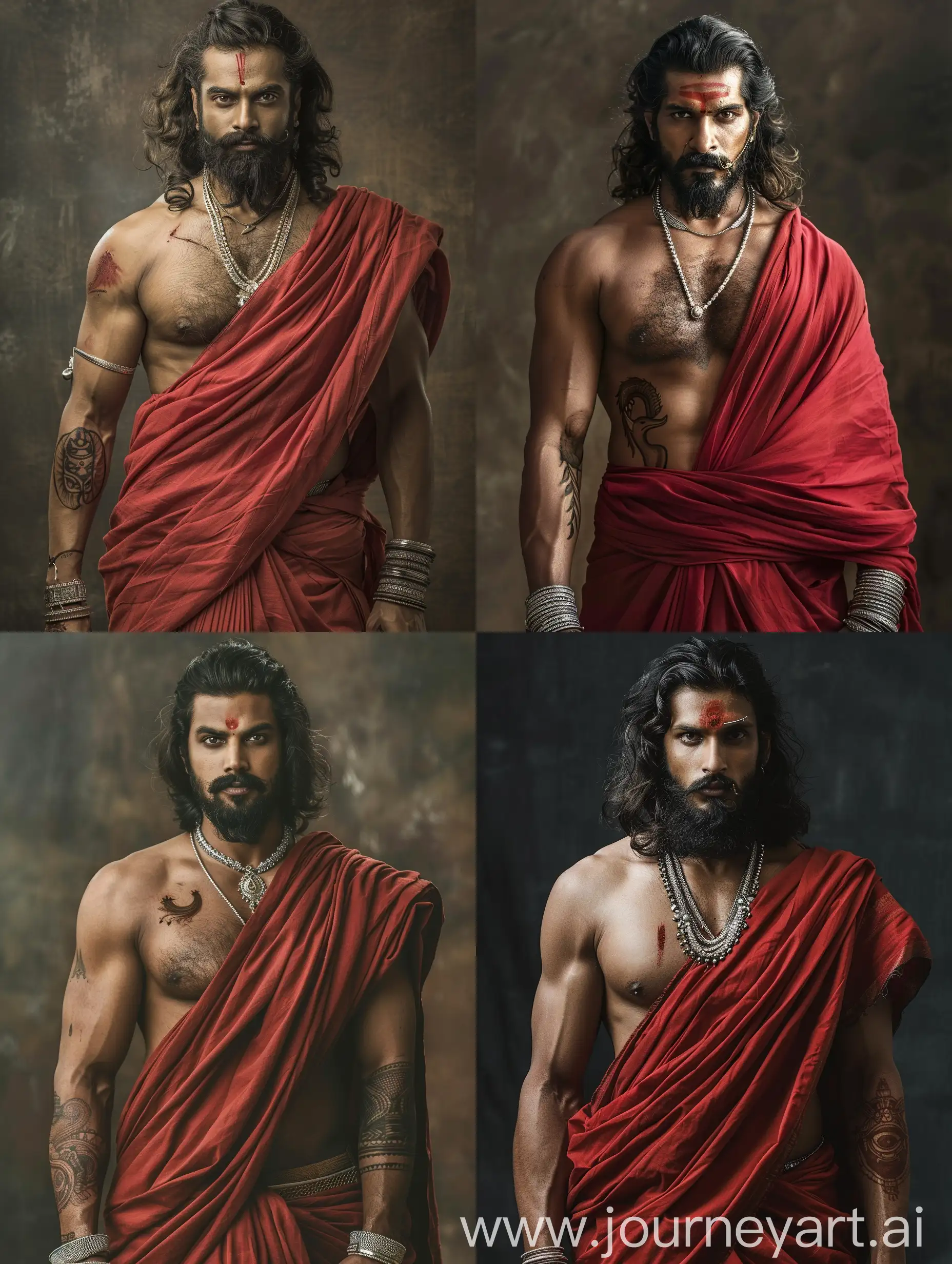 Mid long shot , ancient south indian masculine man,, he draped a  red dhothi elegently,he wore silver ornaments, he has very long hair, beared and mustache, lond serpant tatoo on neck to left hand, he is handsome, his right eye has a scar