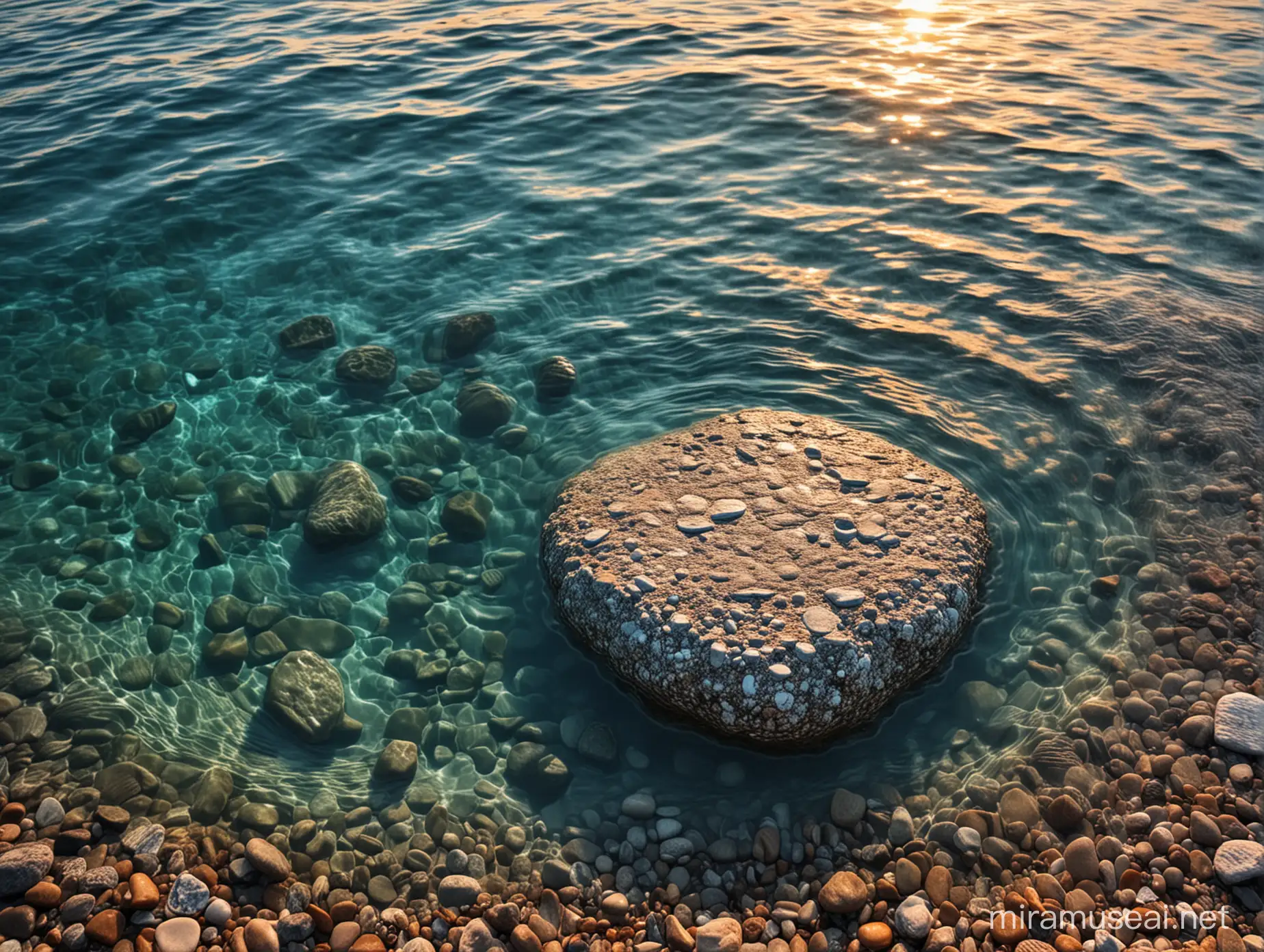Tranquil Seashore Scene Blue Stones in Clear Water at Sunset