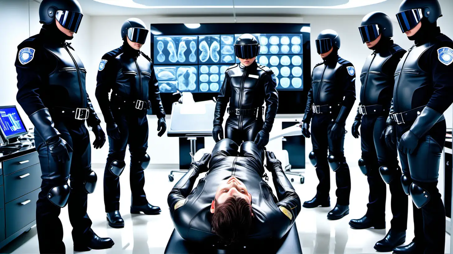 In a futuristic high tech medical research laboratory with large full wall monitors showing human bodies and brains, full body shot wide angle, a man wearing black Oculus 3d video goggles in a all black one piece Dainese leather suit is laying flat on his back on a medical exam table, on each side of him are a police motorcycle officer each with a face identical the the other wearing skin tight black rubber uniforms, tight black leather police motorcycle boots and skin tight leather police motorcycle jackets look down on the man preparing to turn him into a motor officer, highly detailed, epic reality, –testp