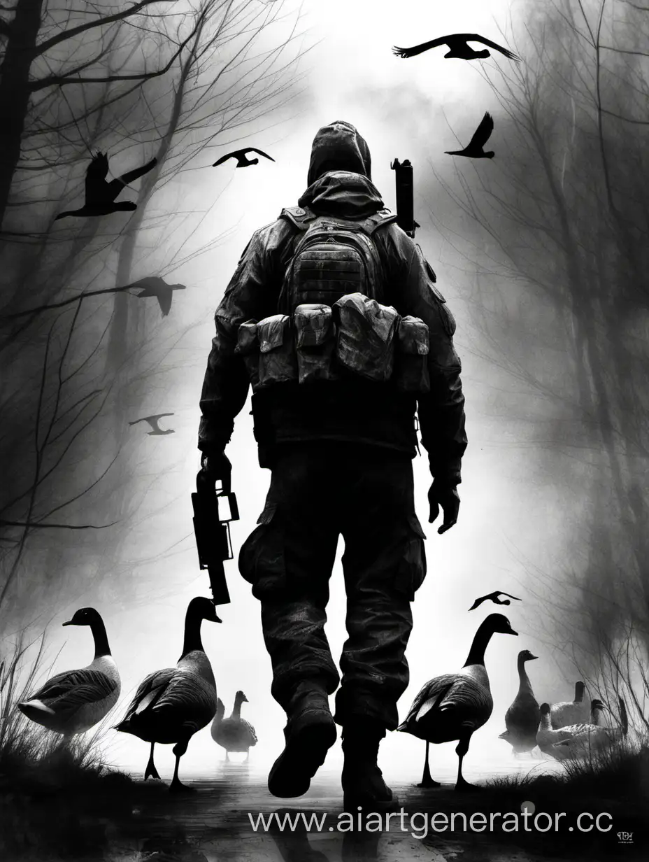 Monochrome-Art-STALKER-Goose-in-Shadowy-Landscape