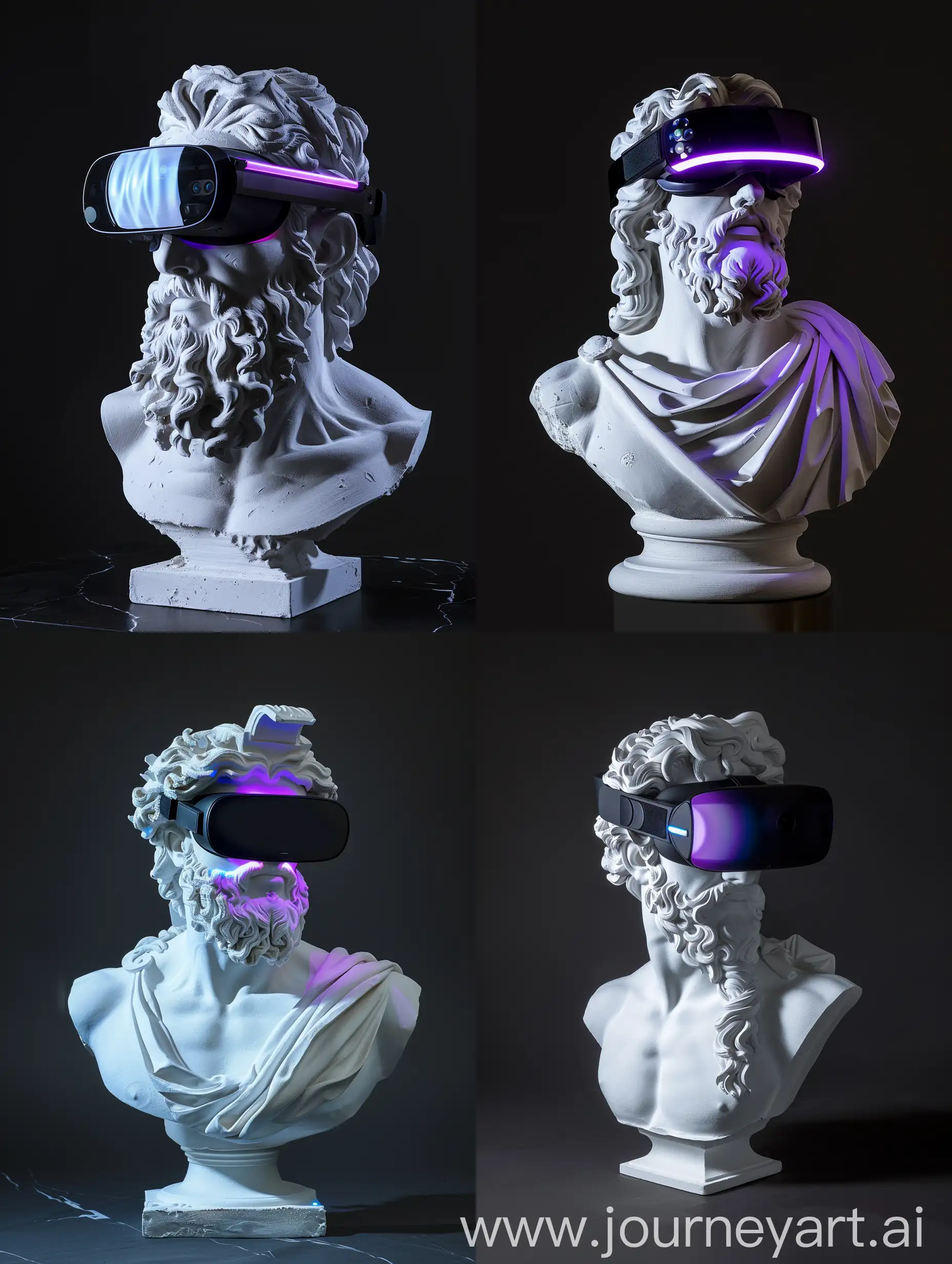 A Plaster Sculpture of Zeus, Modern Black VR Glasses with Purple LED, White Light Reflections on Sculpture, Black Dark Background, Catalog Pose, Wide Shot, High Precision --v 6.0 --ar 3:4