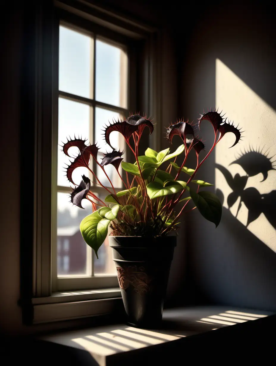 A photorealistic photo of a black lilac, venus fly trap, thorn bush bouquet sitting on a boho style windowsill. With the sunlight shining on it. Shadow cast against the wall. Hyper realistic. highly detailed, vivid details.