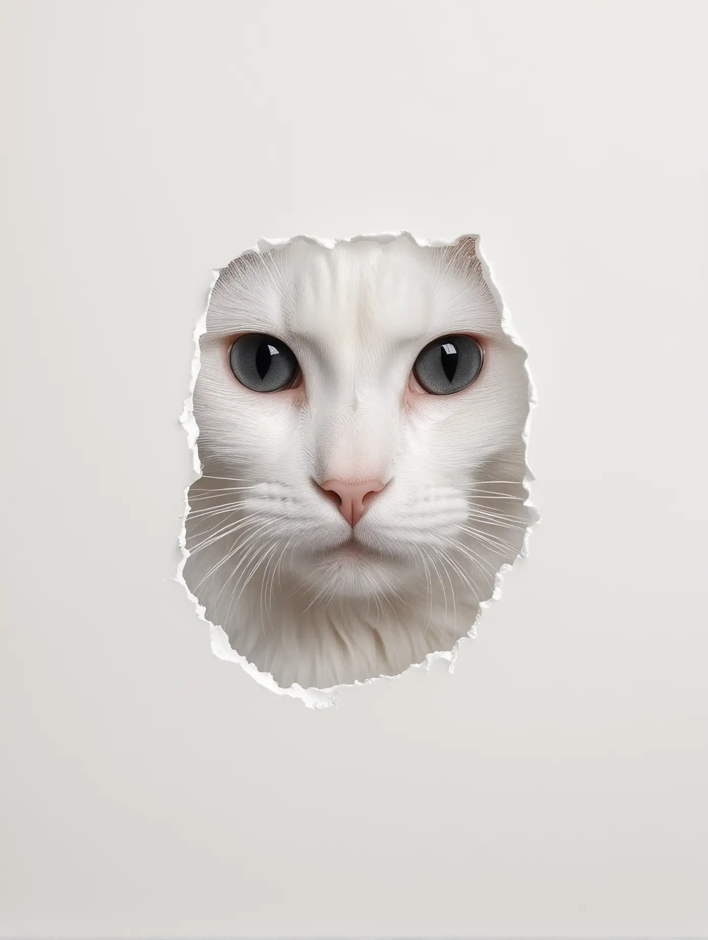 Curious White Cat Peeking Through Tear in Blank Backdrop