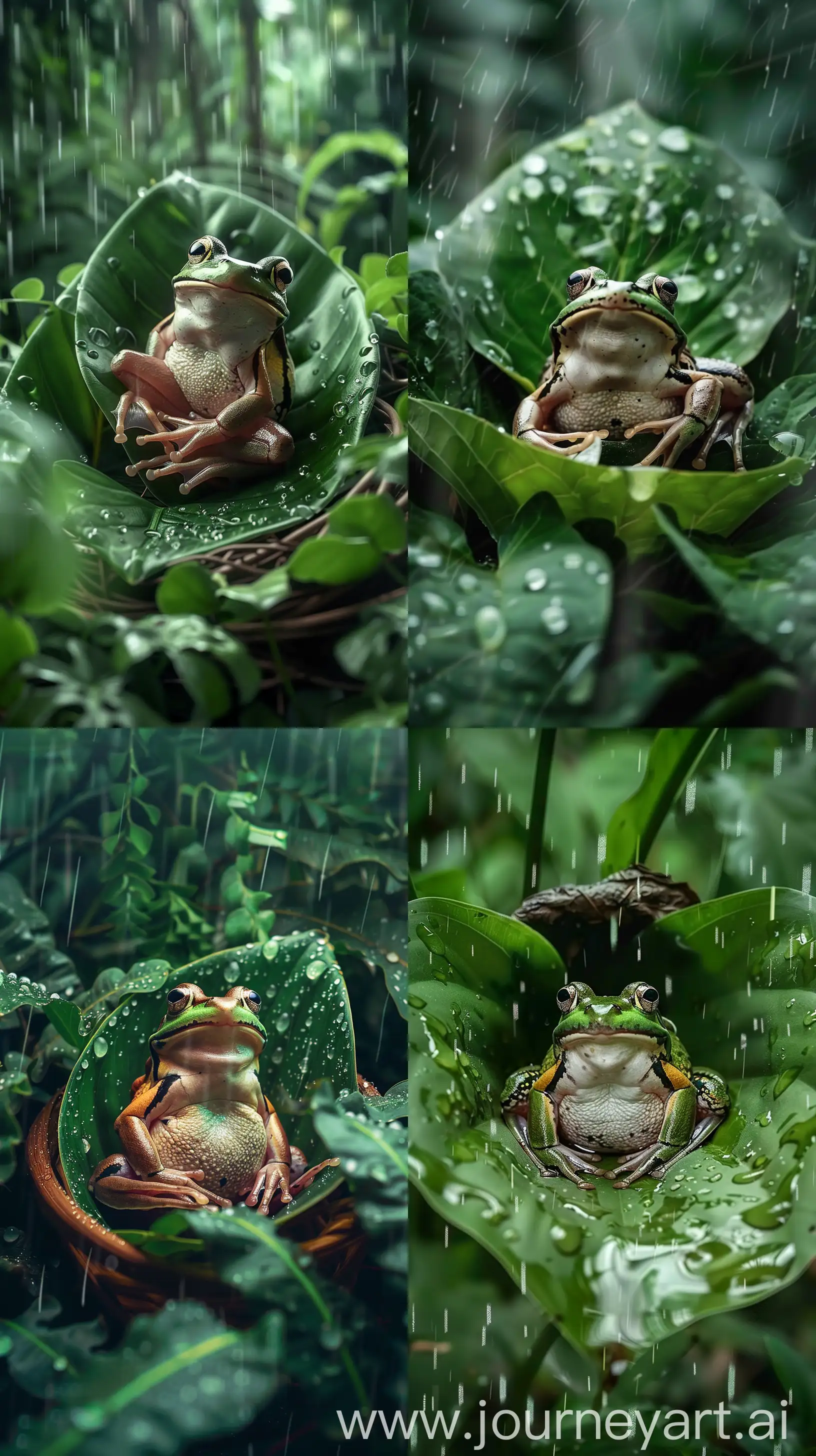 Serenity-in-Rain-Frog-on-Leaf-Amidst-Verdant-Forest-HighQuality-8K-Image