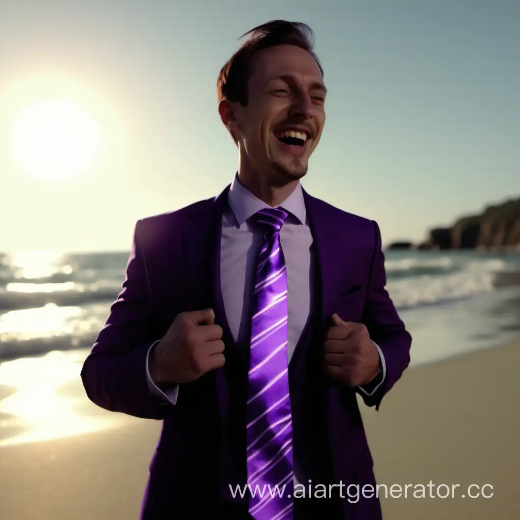 Businessman-in-Purple-Tie-Embracing-Joy-on-Sunlit-Beach