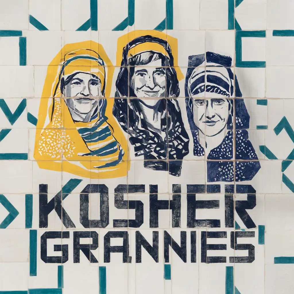 logo, Israel, yellow, blue, white, Jewish grannies with headcovers, in discrete Israeli tiles, Paul Klee, with the text "Kosher Grannies", typography, be used in art industry