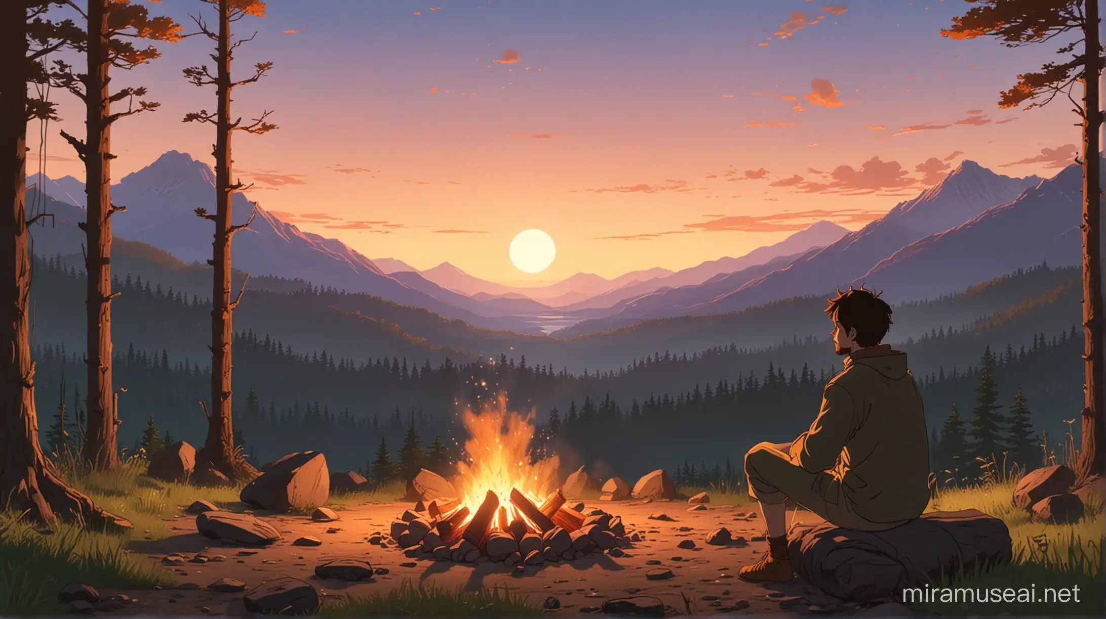 Un homme dans la trentaine. Plutôt imposant. Assis au Beau milieu d'une forêt. En train de contempler l'horizon. Et les montagnes qui se trouvent devant lui, un feu de camp, Allumer, Pas loin de ses pieds. Le soleil qui se couche a l'horizon, ▁horizon, l'homme perdu dans ses pensées. style animé Ghibli