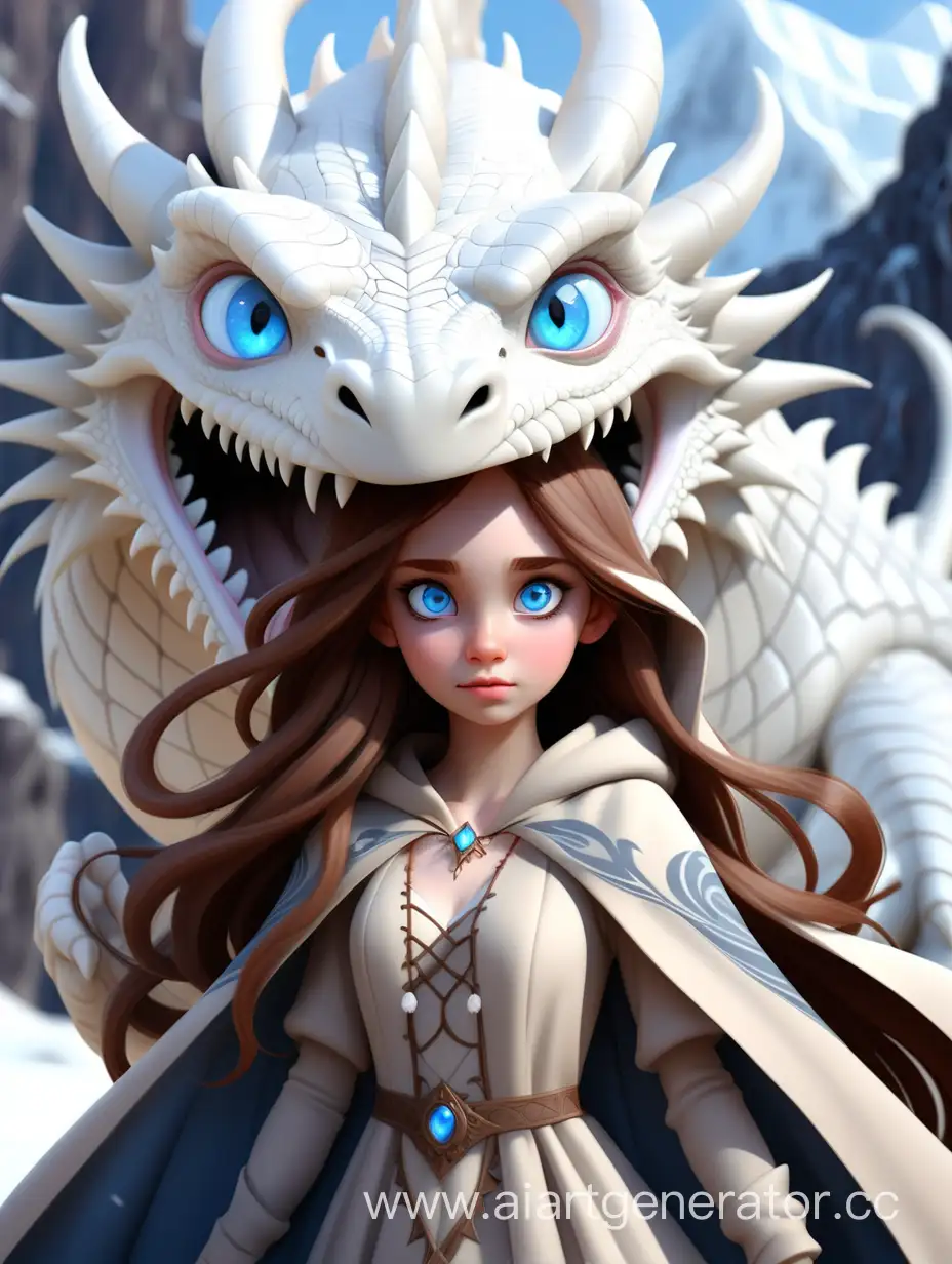 Enchanting-BlueEyed-Magician-Girl-Conjuring-Amidst-Snowy-Mountains-with-White-Dragon