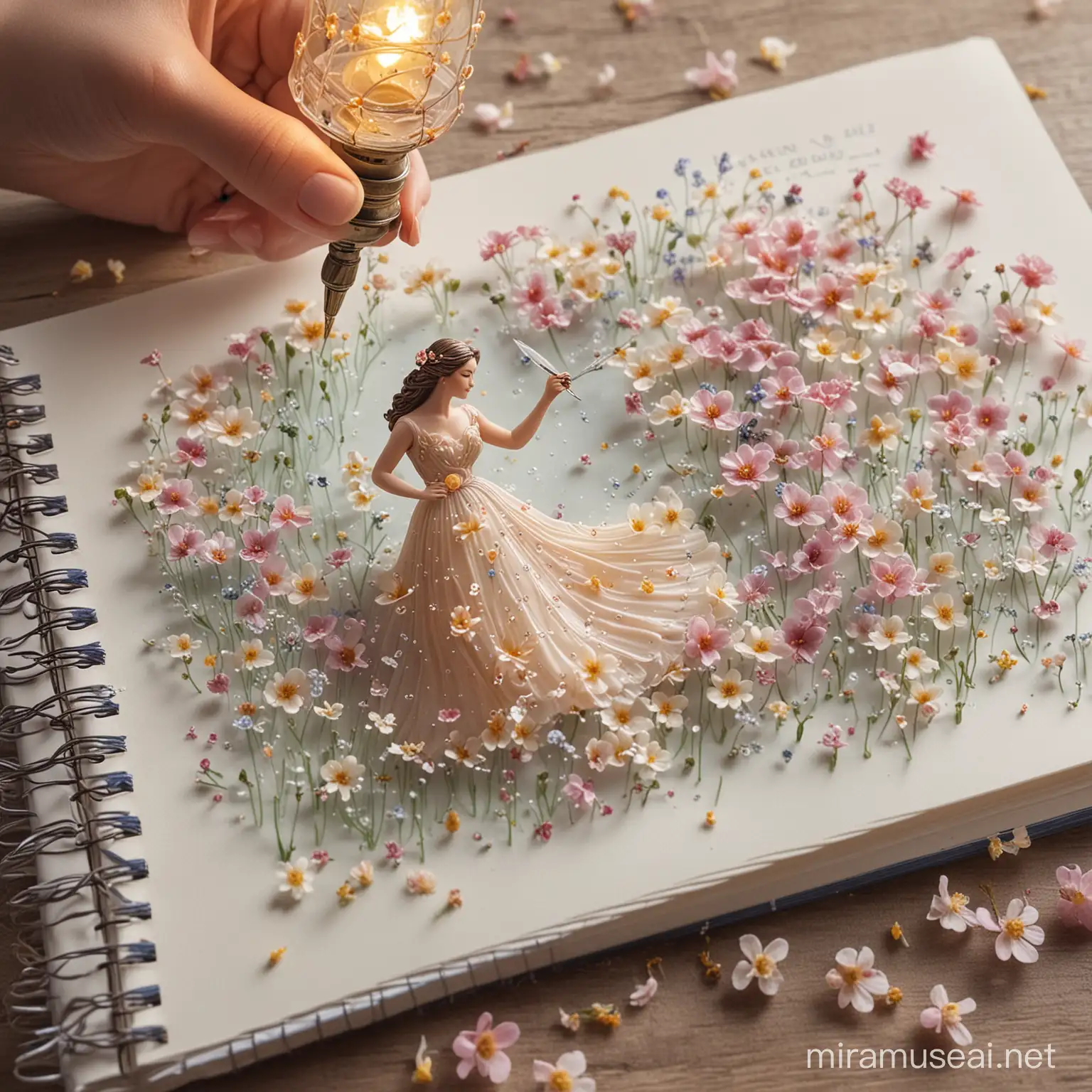 Floral Resin Pen Creates PhotoRealistic Woman in Flowing Dress