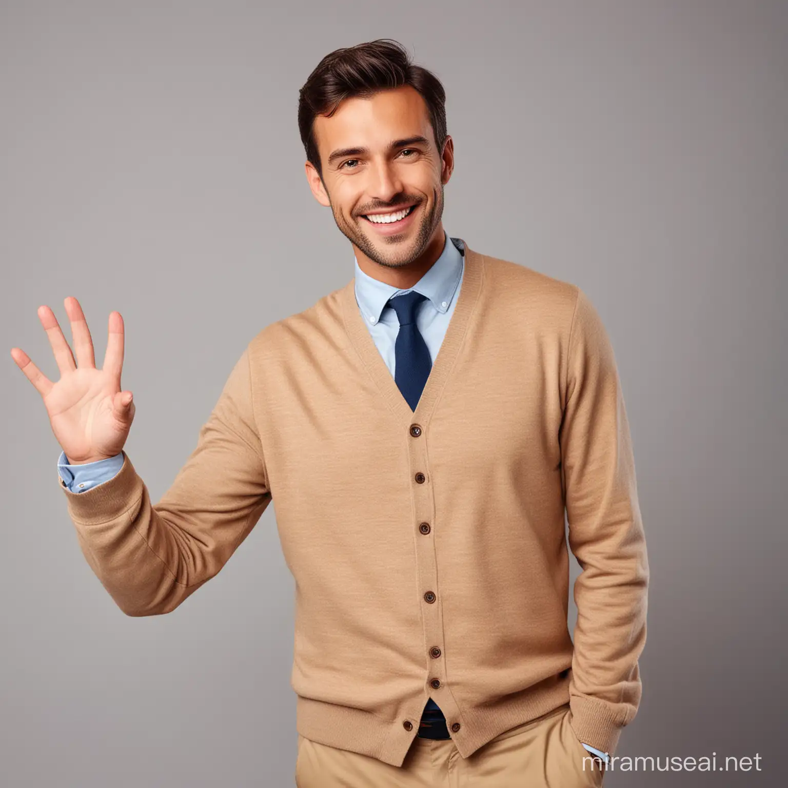 Smiling Male Teacher in Immaculate Attire Greeting Someone with Dignity