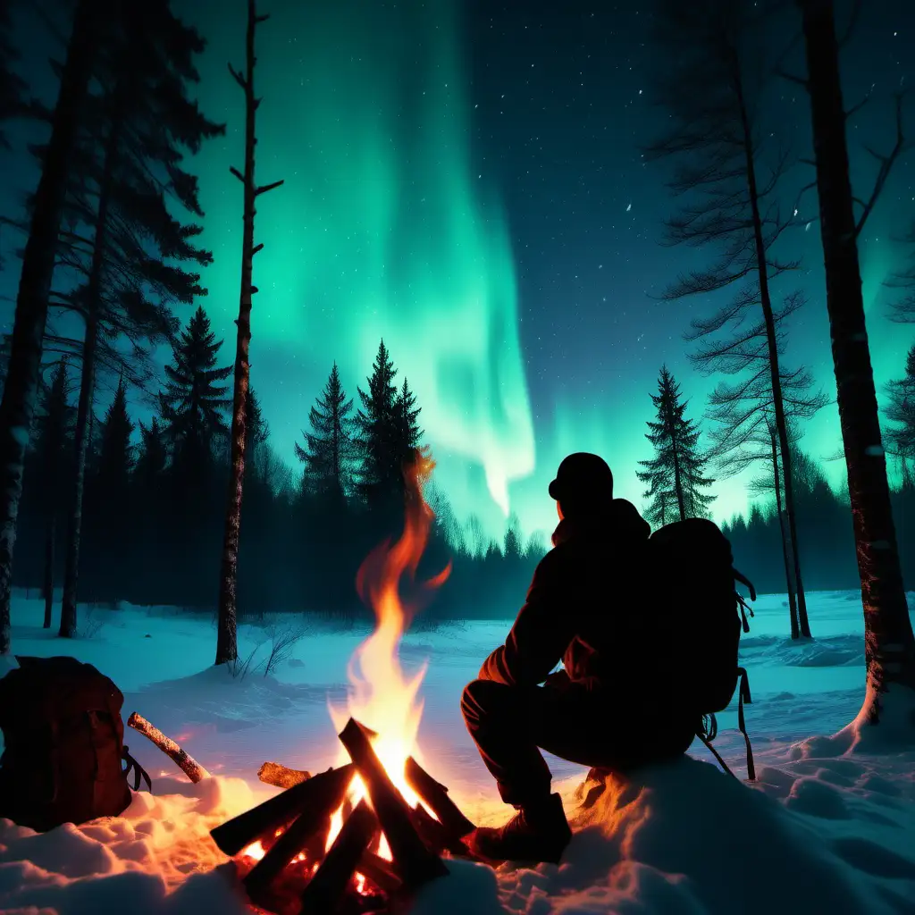 Enchanting Night in Snowy Forest Lone Adventurer by Campfire under Northern Lights