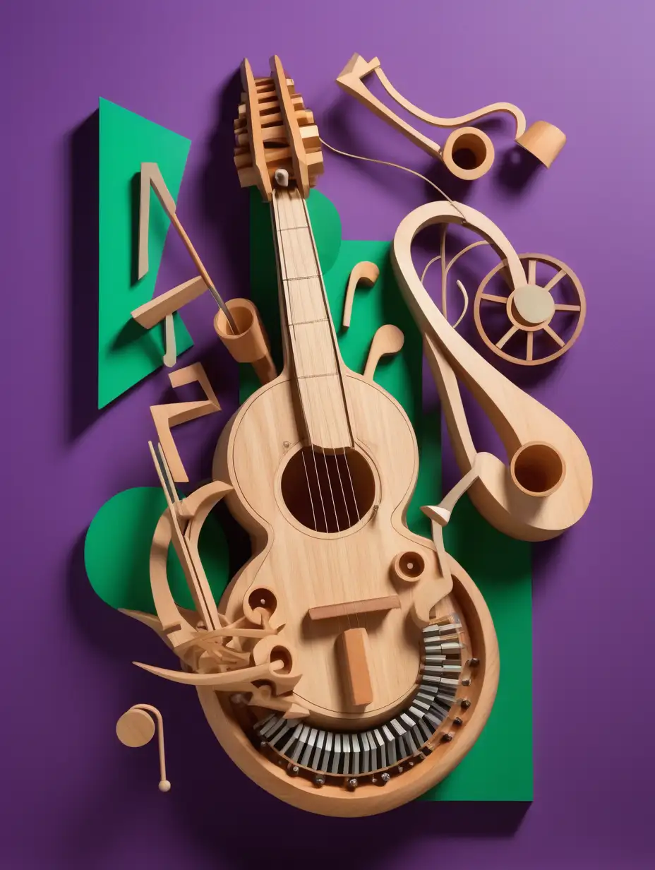 let a good margin from de border os the image, create a organic and mechanical art with blow wood musical instrument, in a geometric and abstract shapes purple green background