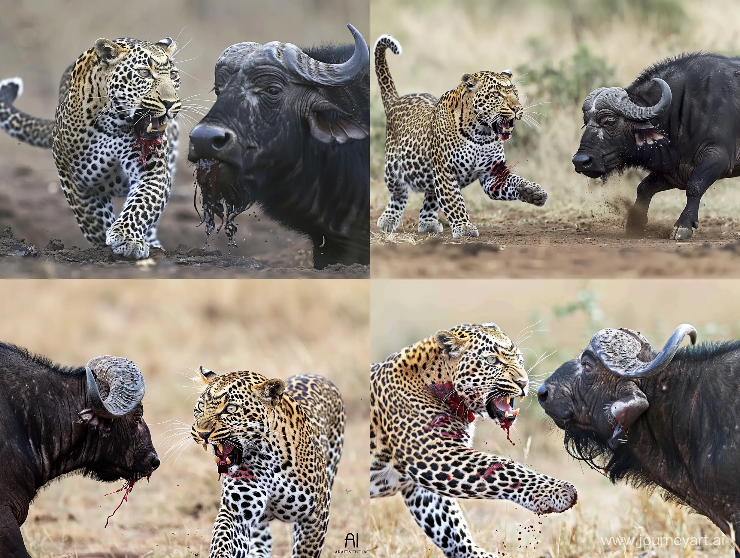 Witness the raw power of nature captured in this breathtaking moment: a leopard confronts its prey, a wild buffalo, with fierce determination. With blood-stained jaws and an intense gaze, this image embodies the bold essence of the wild. Join us for an exploration into the heart of the wilderness with AI as we delve into the untamed beauty of the animal kingdom.