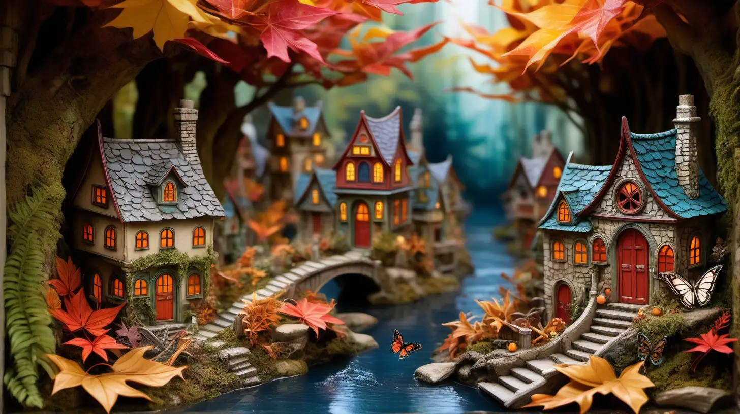 Enchanting Autumn Fairy Cityscape Miniature Houses Along Riverside