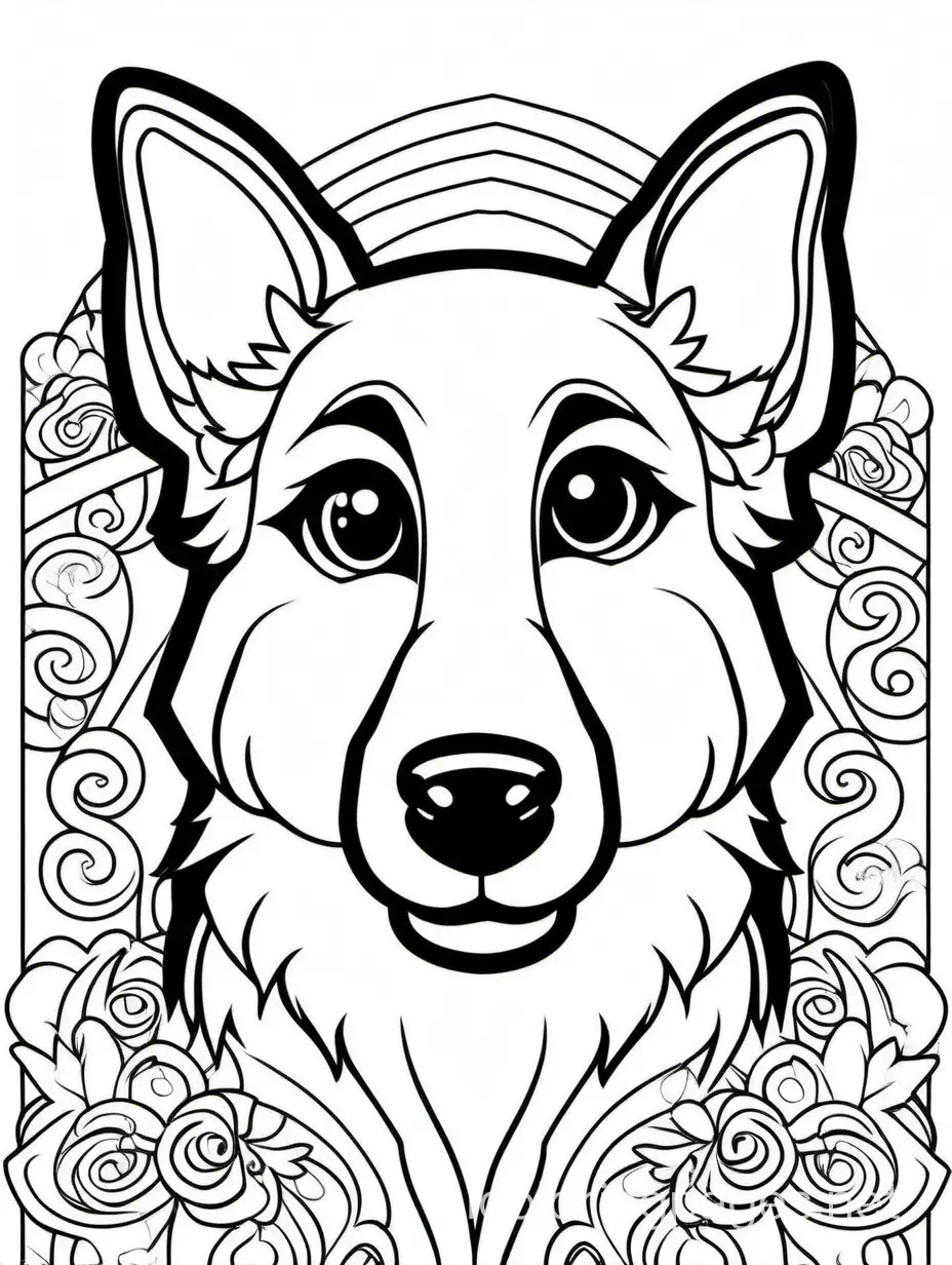 cute German shepherd, Lisa Frank style, Coloring Page, black and white, line art, white background, Simplicity, Ample White Space. The background of the coloring page is plain white to make it easy for young children to color within the lines. The outlines of all the subjects are easy to distinguish, making it simple for kids to color without too much difficulty., Coloring Page, black and white, line art, white background, Simplicity, Ample White Space. The background of the coloring page is plain white to make it easy for young children to color within the lines. The outlines of all the subjects are easy to distinguish, making it simple for kids to color without too much difficulty
