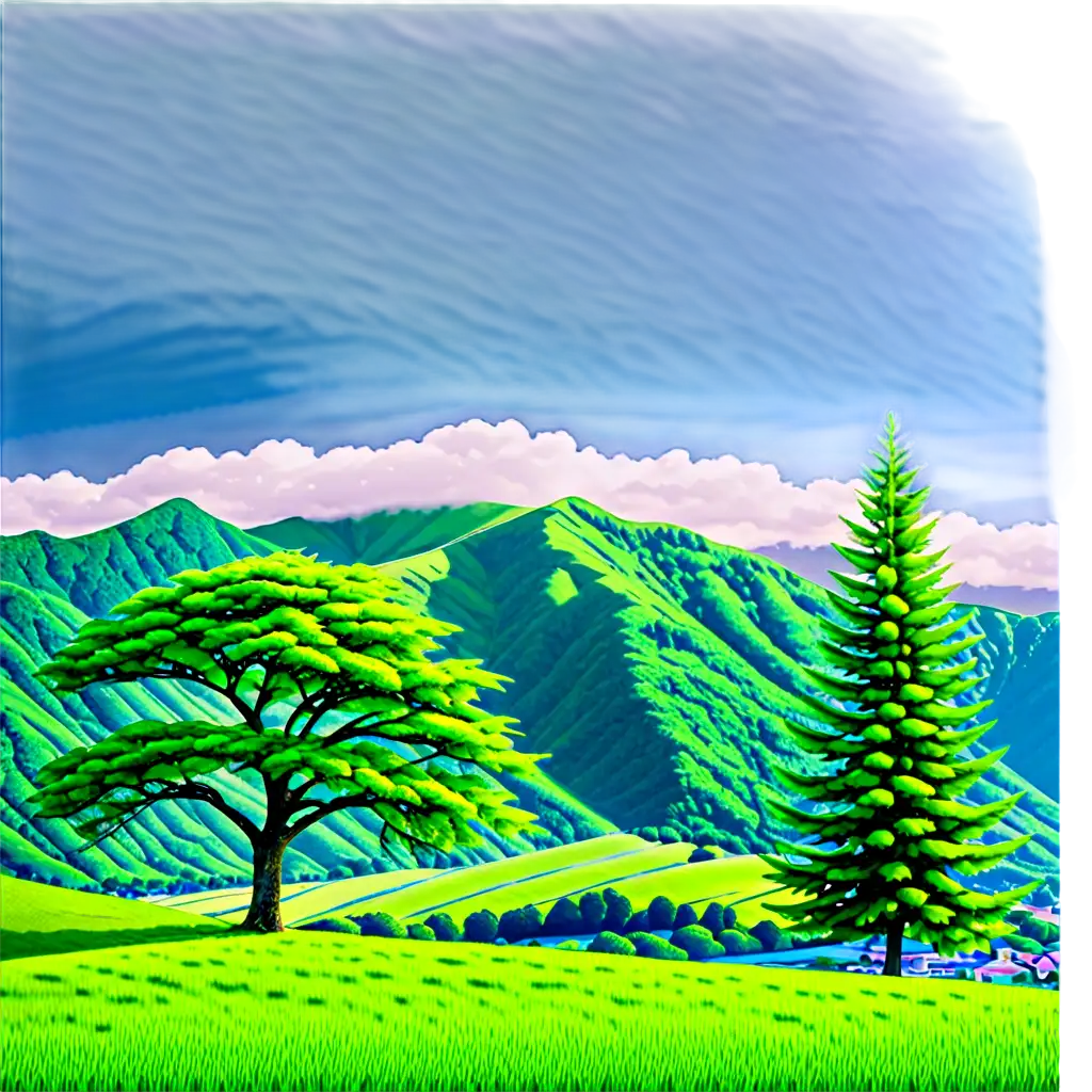 a healthy green tree in left side and nice green mountains in background
