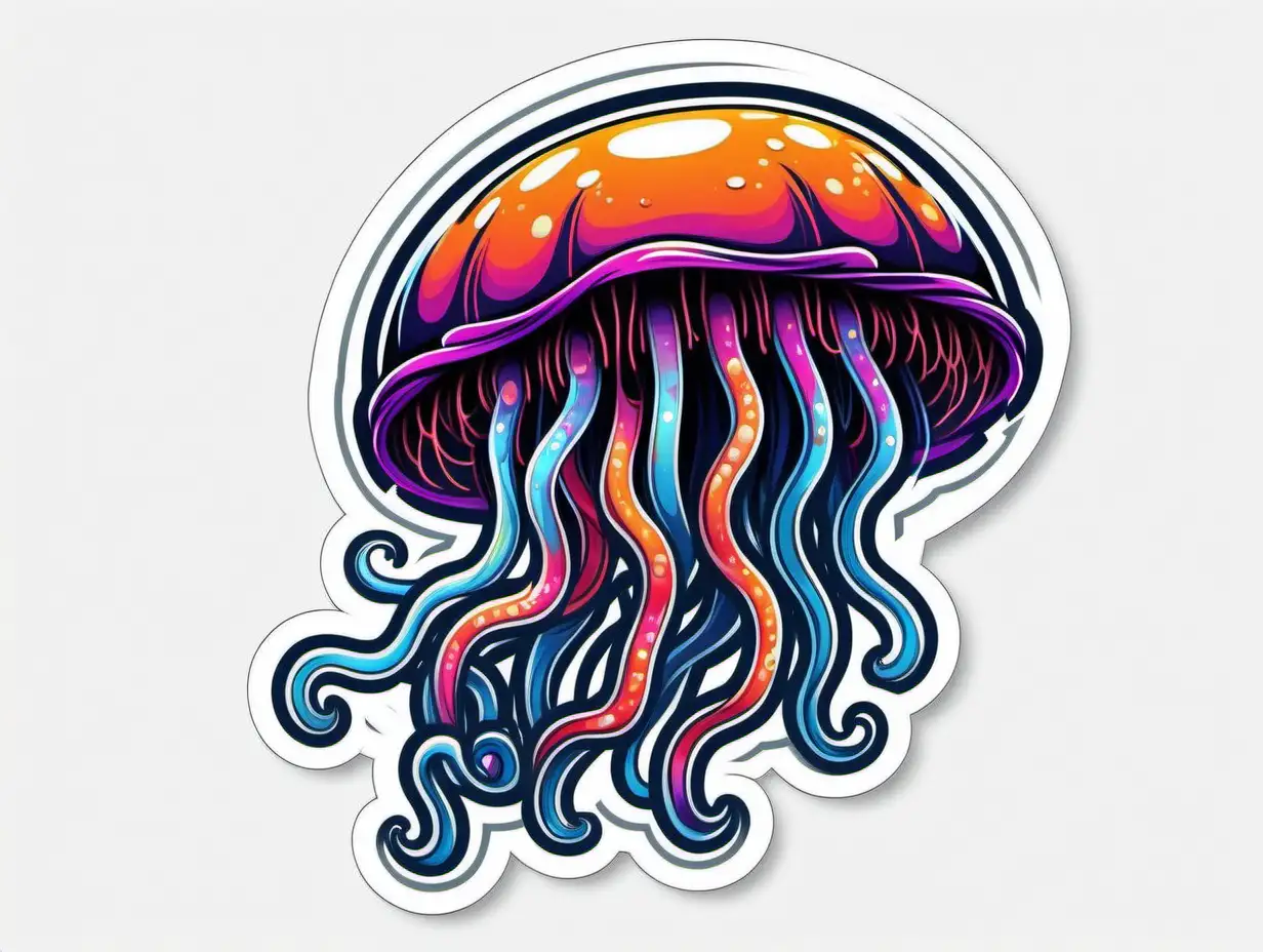Jelly Fish, Sticker, Content, Bold Colors, Graffiti, Contour, Vector, White Background, Detailed