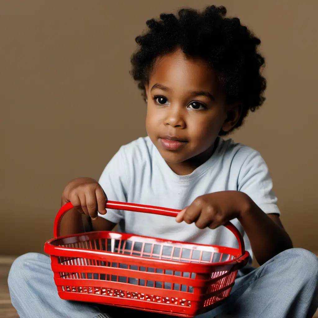 african-american child sitting holding an empty basket, shot from an angle, close-up