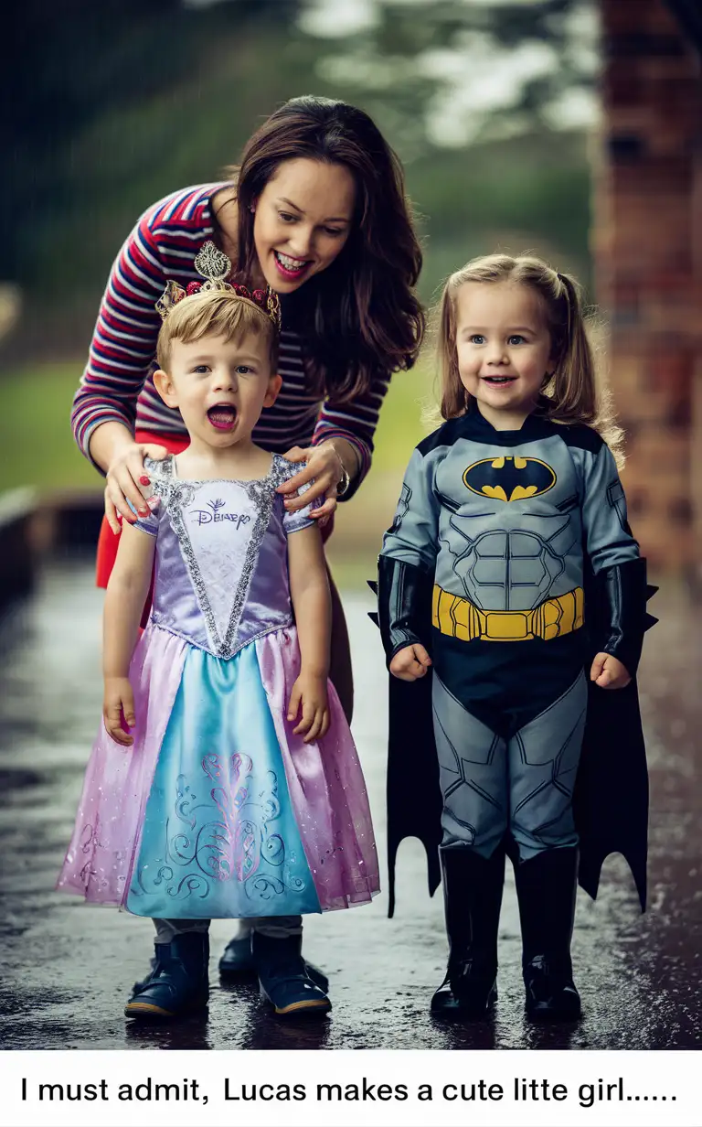 Gender role-reversal, Photograph of a mother dressing her young son, a boy age 6, up in a Disney Princess dress, and she is dressing her young daughter, a girl age 7, up in a Batman superhero suit, in a kitchen for fun to keep the kids entertained on a rainy day, adorable, perfect children faces, perfect faces, clear faces, perfect eyes, perfect noses, smooth skin, photograph style, the photo is captioned “I must admit, Lucas makes a cute little girl…”, clear captions, accurate captions