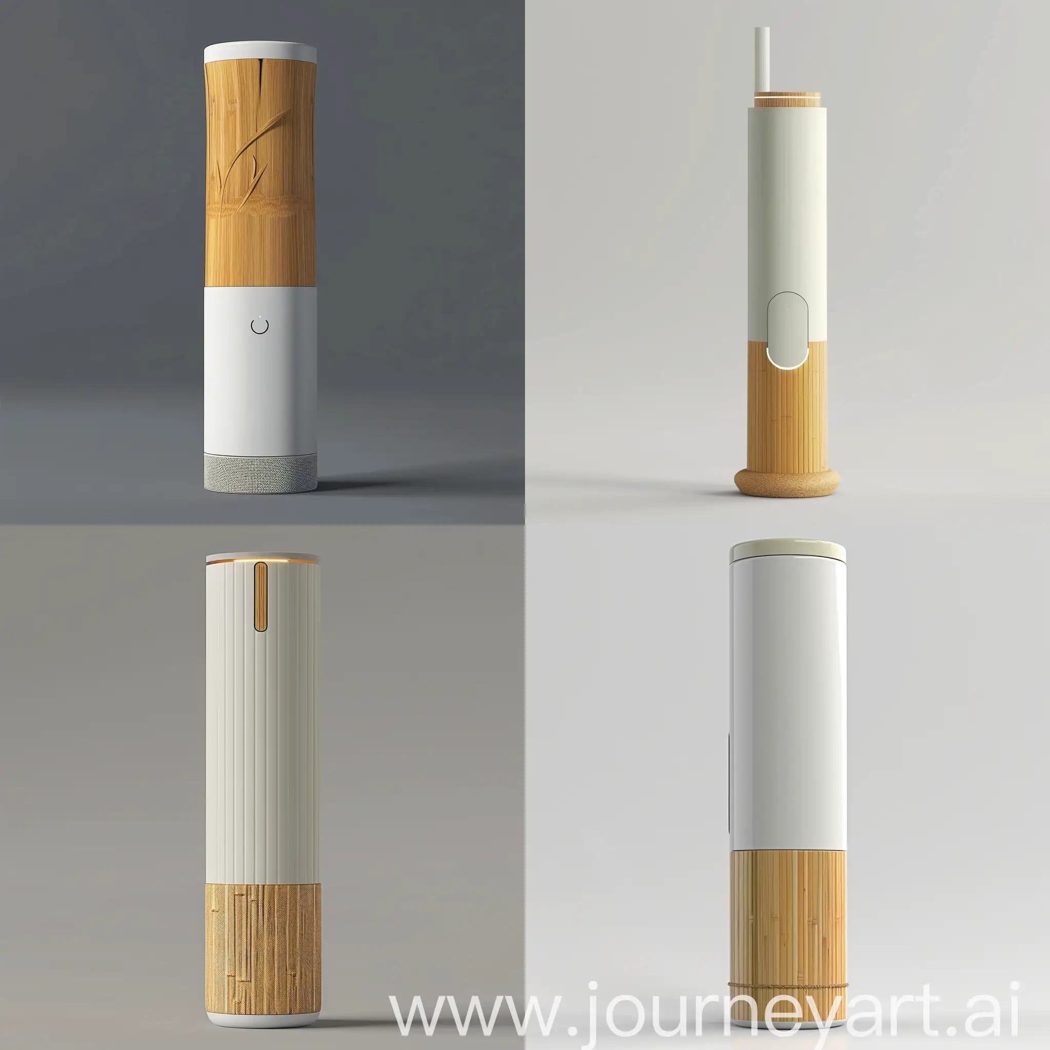 "Visualize a smart energy management device inspired by the serene beauty of Zen gardens and the natural elegance of bamboo. The device stands 25 cm tall, tapering from an 8 cm sustainable bamboo base to a 5 cm top, embodying the strength and flexibility of bamboo. Its body, made from high-quality recycled plastics, adopts neutral tones of white or light gray, with a textured surface mimicking bamboo's natural feel. Atop, an innovative LED light tag simulates the dappled sunlight through bamboo leaves, serving both as an ambient light source and notification indicator. A discreet touch-sensitive strip allows for intuitive user interaction, blending seamlessly into the device's form. The base hides a USB-C charging port, maintaining the sleek, cord-free aesthetic. This concept merges technology with traditional Zen aesthetics, creating a piece that not only enhances smart home functionality but also promotes sustainability and mindfulness."realistic style