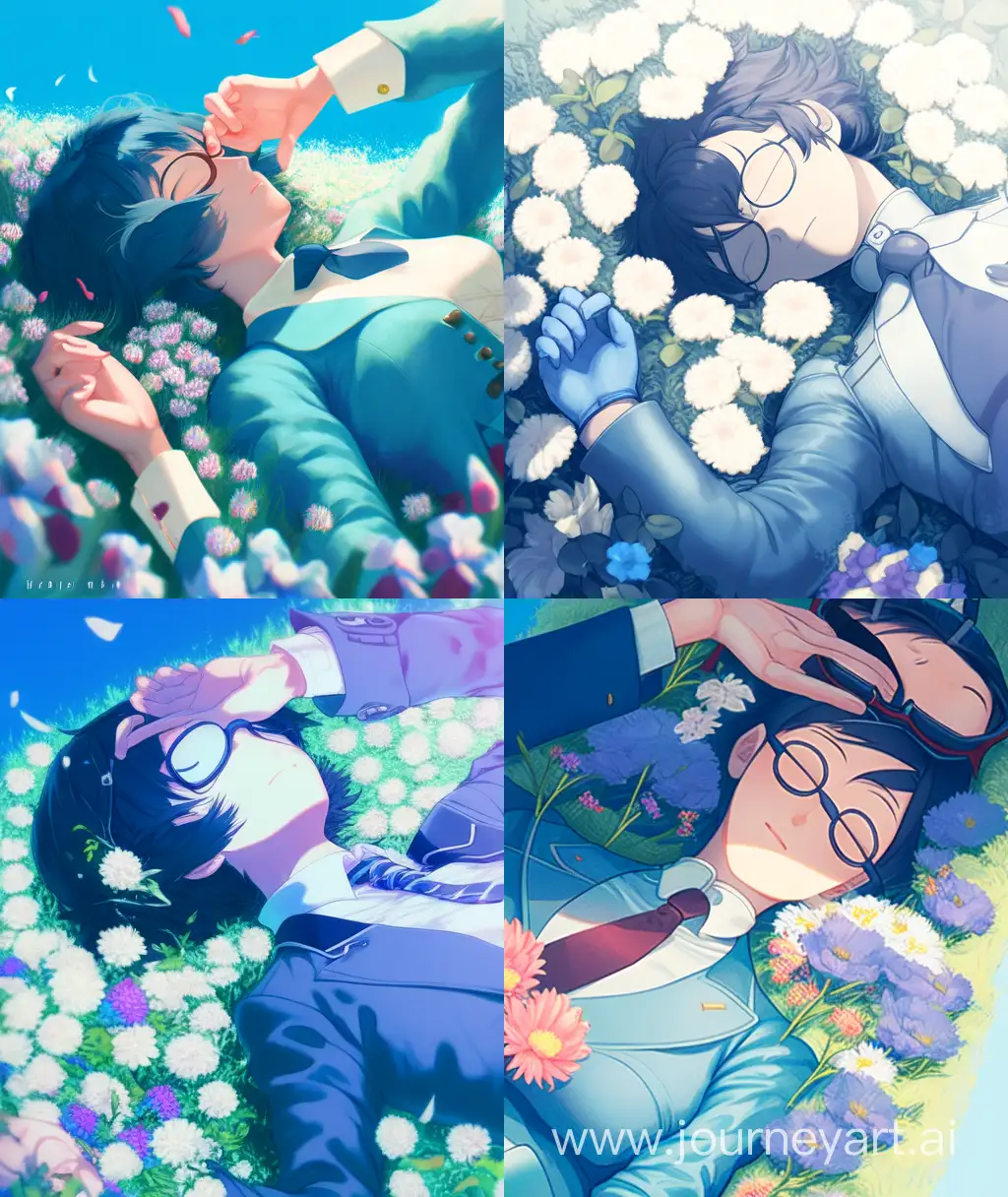 Serene-Woman-Sleeping-on-Blue-Field-Holding-Flowers-High-Definition-Illustration