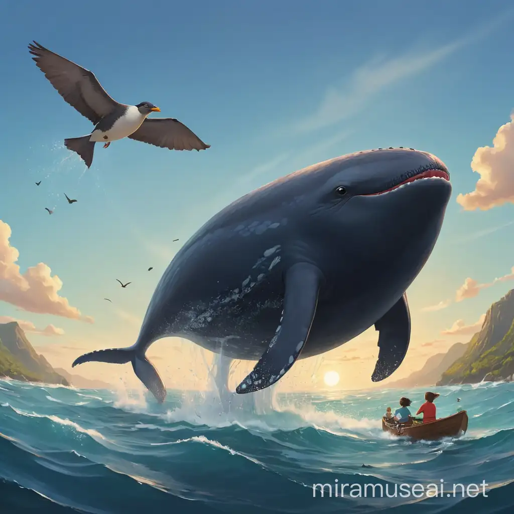 Whimsical Illustration of a Bird and a Whale for Childrens Storybook Cover